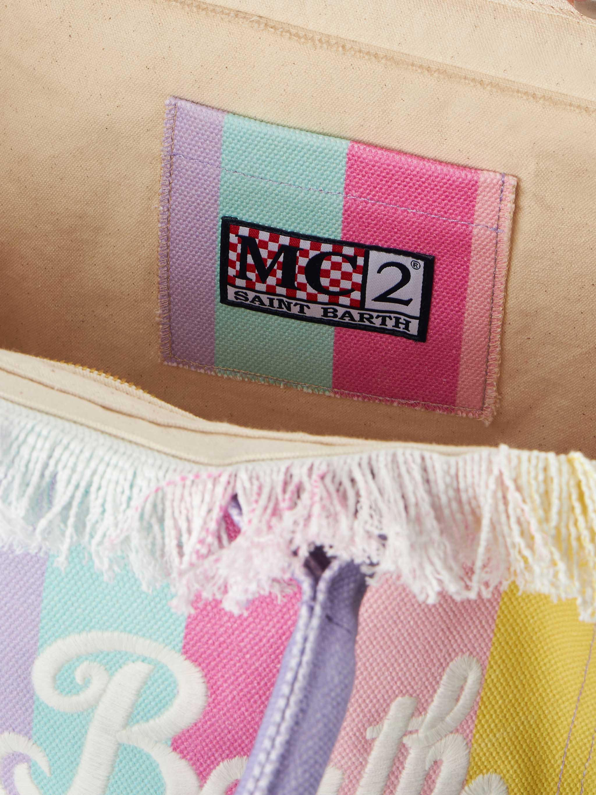 Borsa tote Vanity in tela di cotone a righe multicolor - Image 6