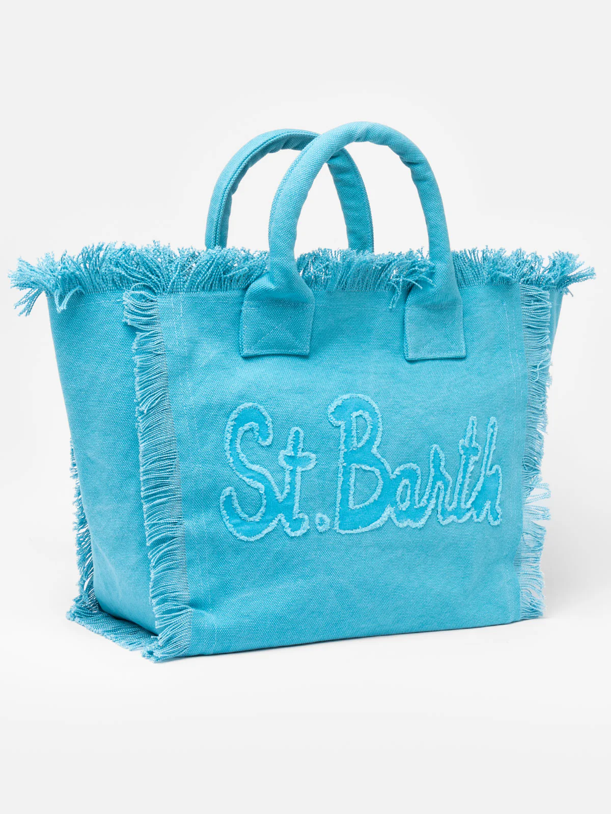 Borsa tote Vanity in tela di cotone azzurro con toppa con logo - Image 3
