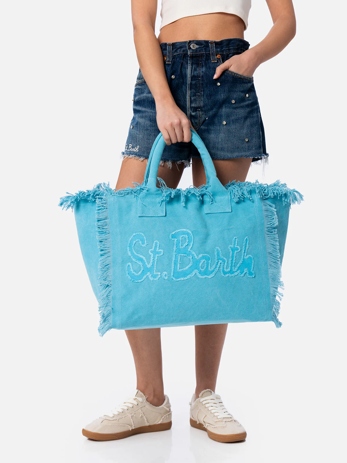 Borsa tote Vanity in tela di cotone azzurro con toppa con logo - Image 4