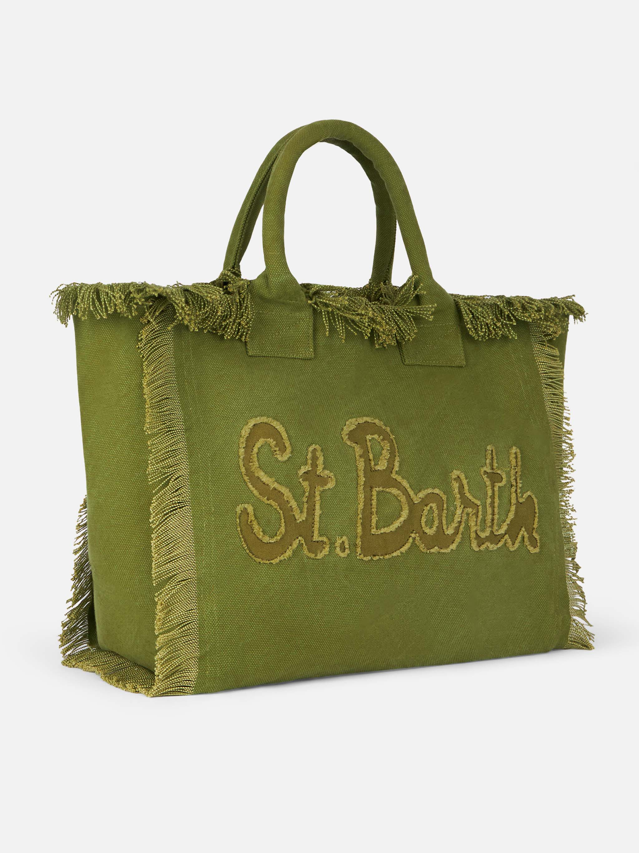 Borsa tote Vanity in tela di cotone verde militare con toppa con logo - Image 3