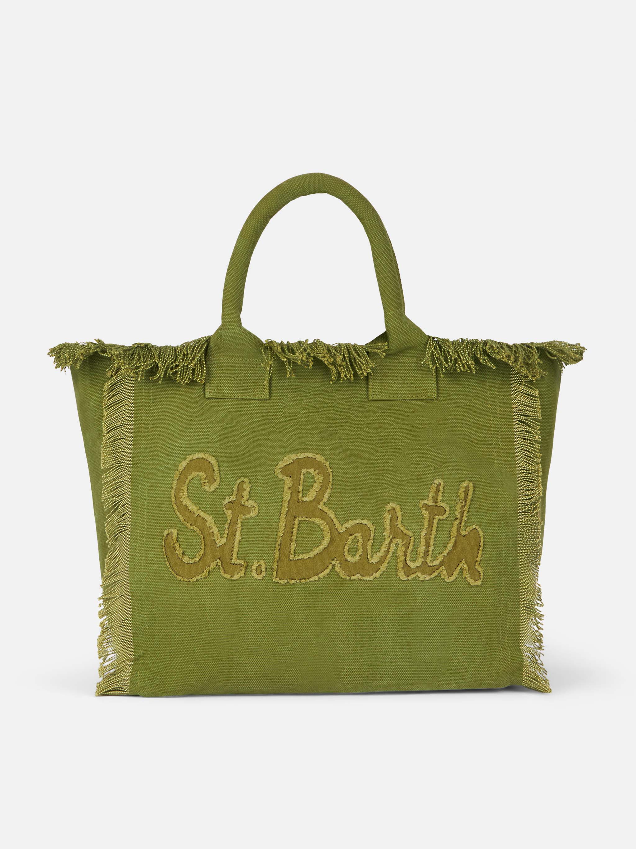 Borsa tote Vanity in tela di cotone verde militare con toppa con logo - Image 4