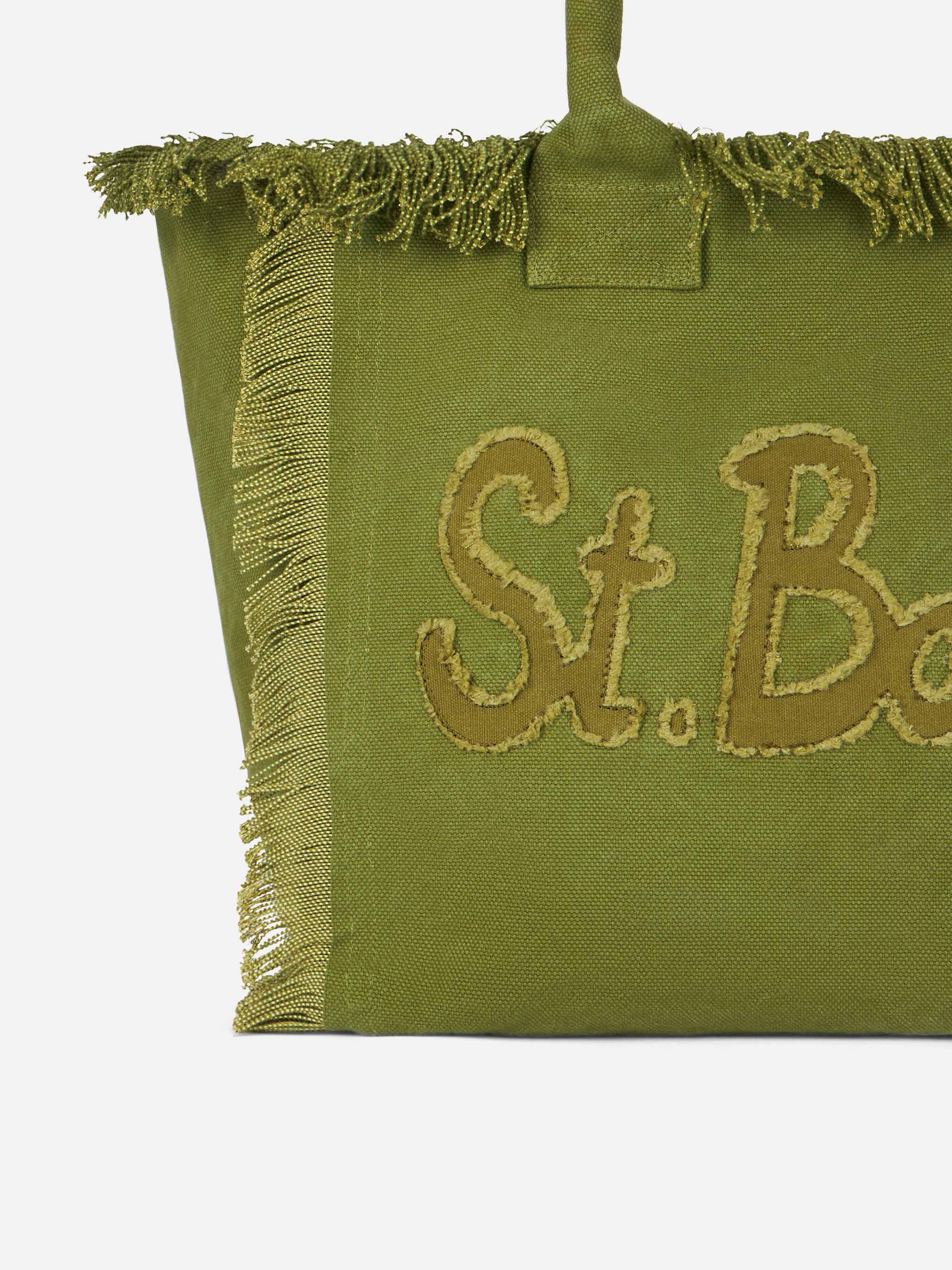 Borsa tote Vanity in tela di cotone verde militare con toppa con logo - Image 5