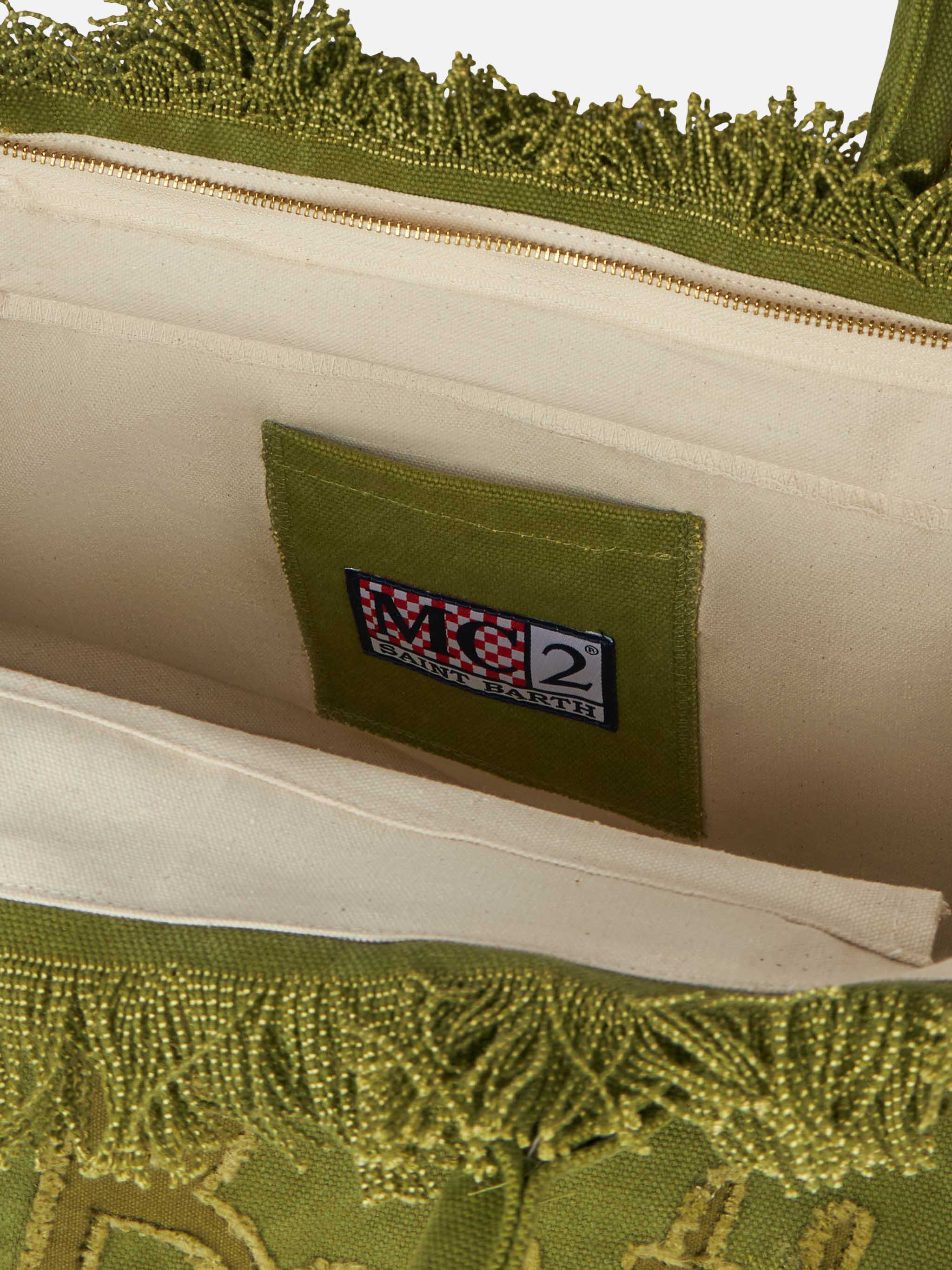 Borsa tote Vanity in tela di cotone verde militare con toppa con logo - Image 6