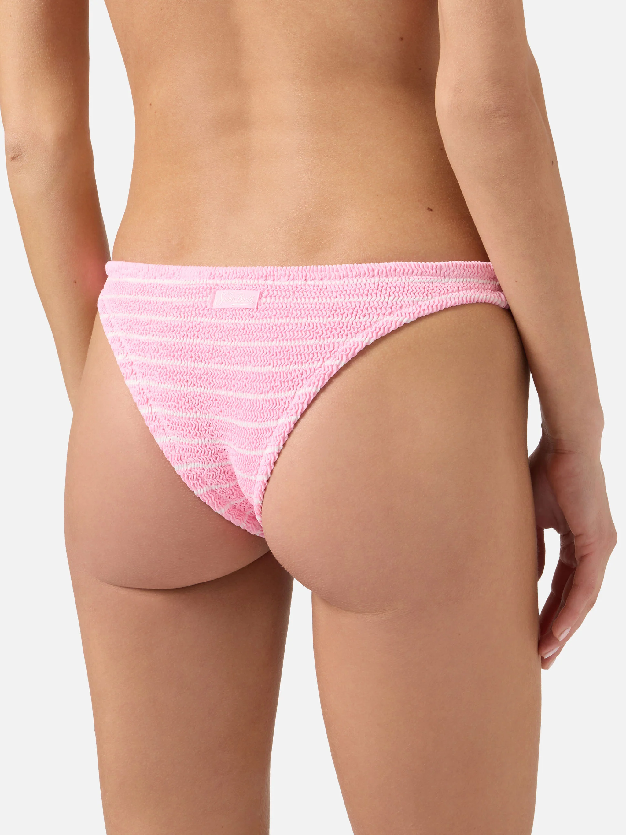 Slip mare Naomi modello brasiliana in tessuto crinkle a righe rosa e bianche - Image 2