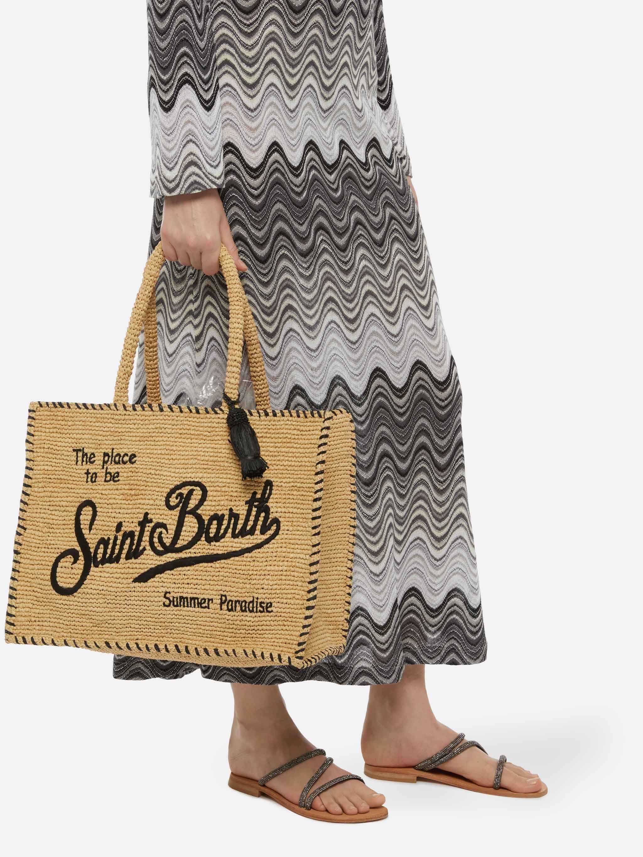 Borsa a spalla Vanity Rafia beige con bordo nero - Image 2