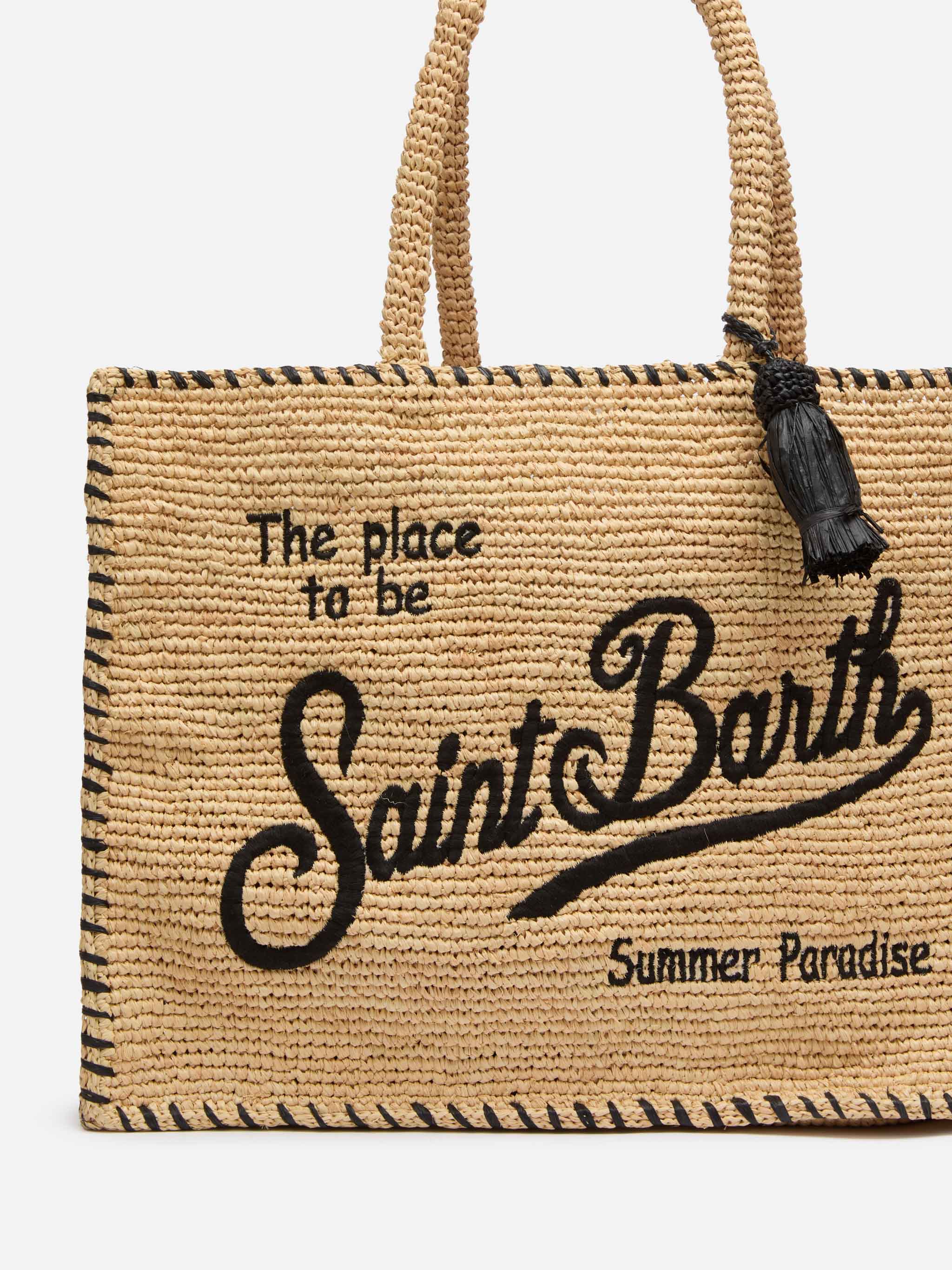 Borsa a spalla Vanity Rafia beige con bordo nero - Image 3