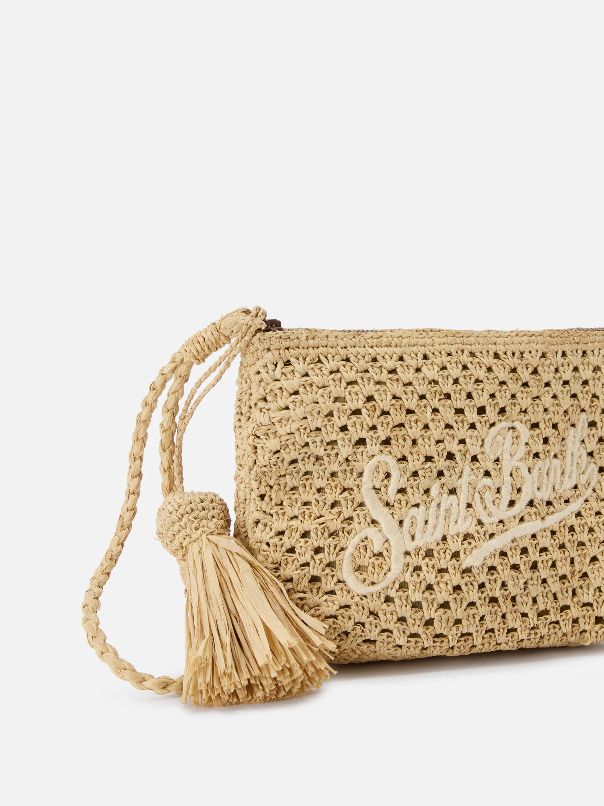 Pouch in rafia intrecciata naturale con logo ricamato - Image 3
