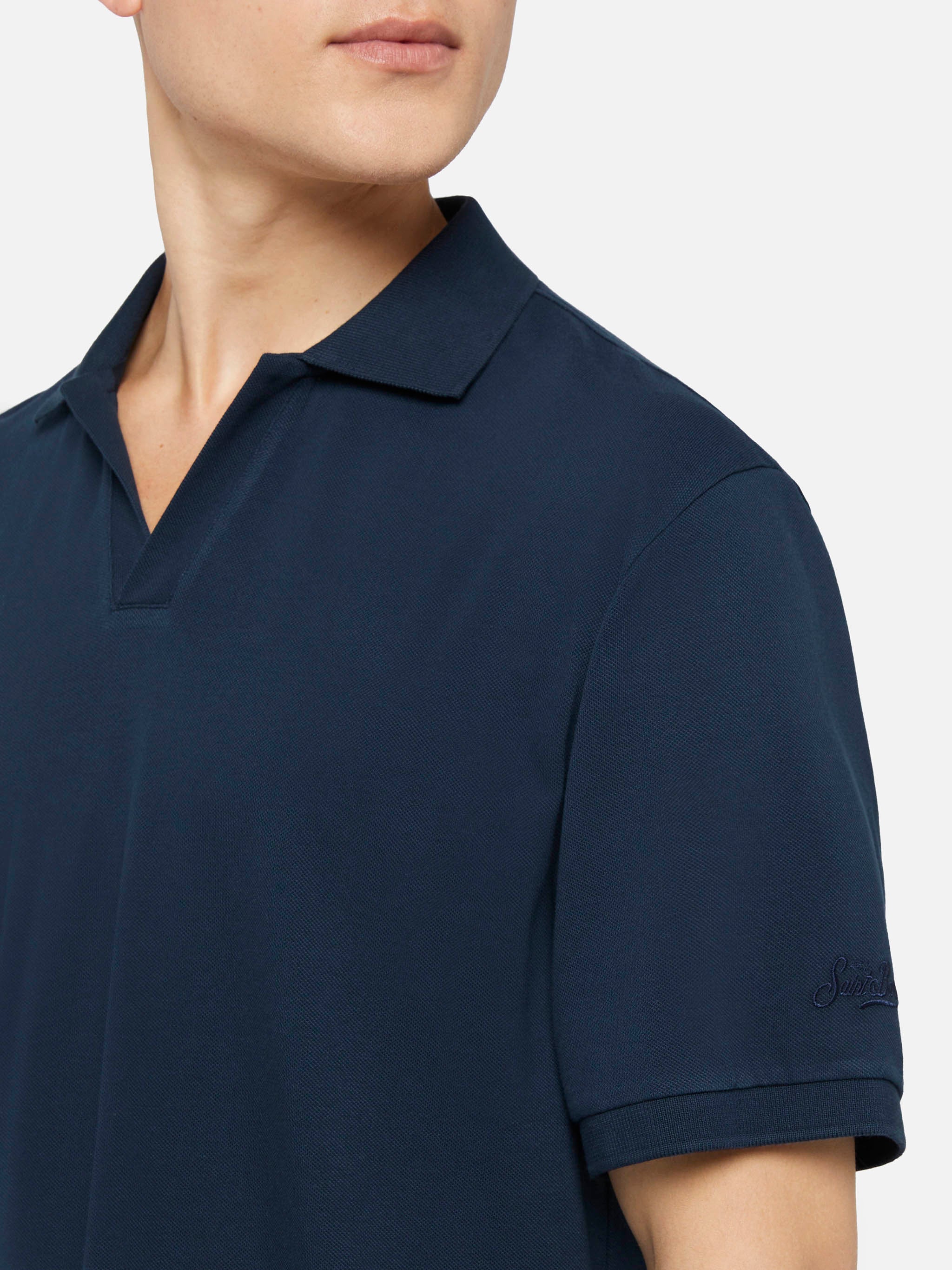 Polo Charles in piquet di cotone blu navy senza bottoni - Image 2