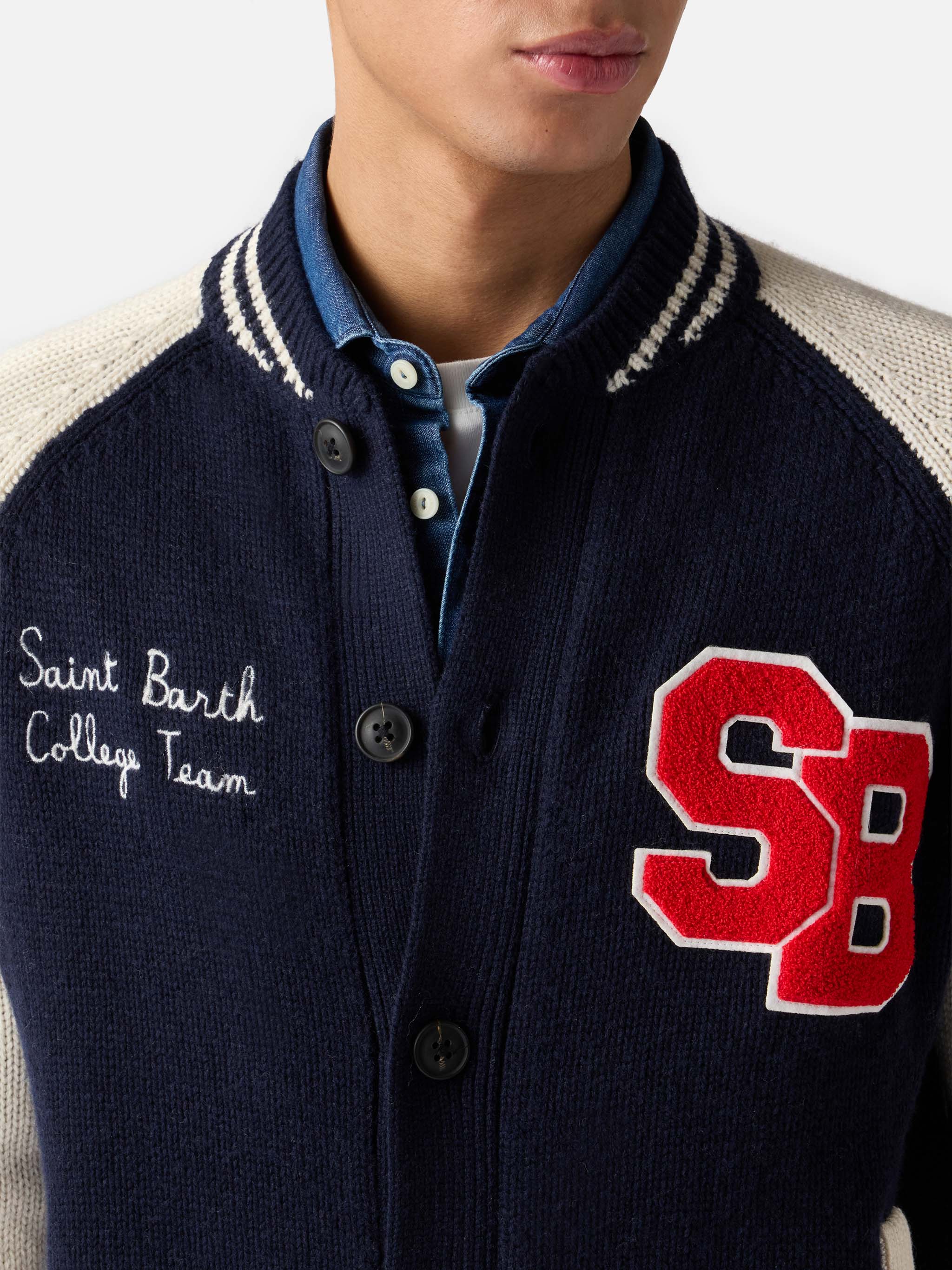 Bomber Benjamin in maglia blu navy stile college - Image 2