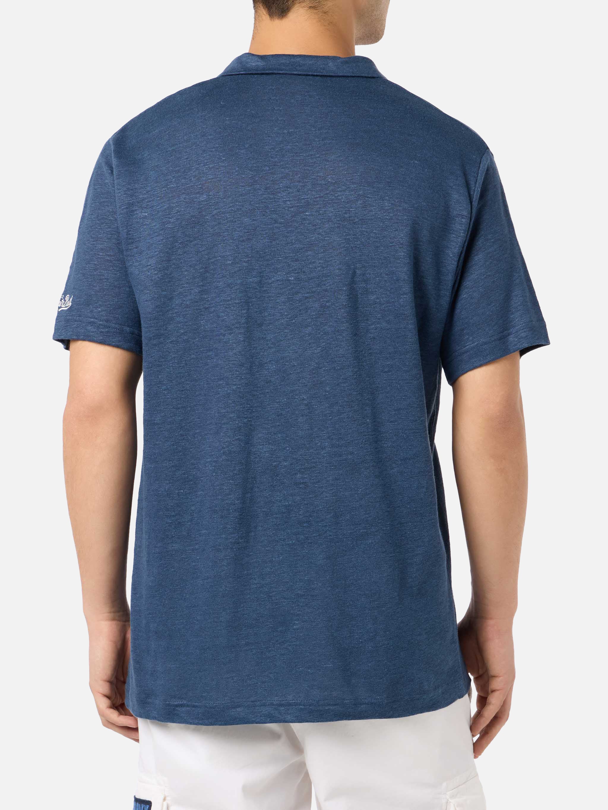Polo in lino blu navy Fraser senza bottoni - Image 3