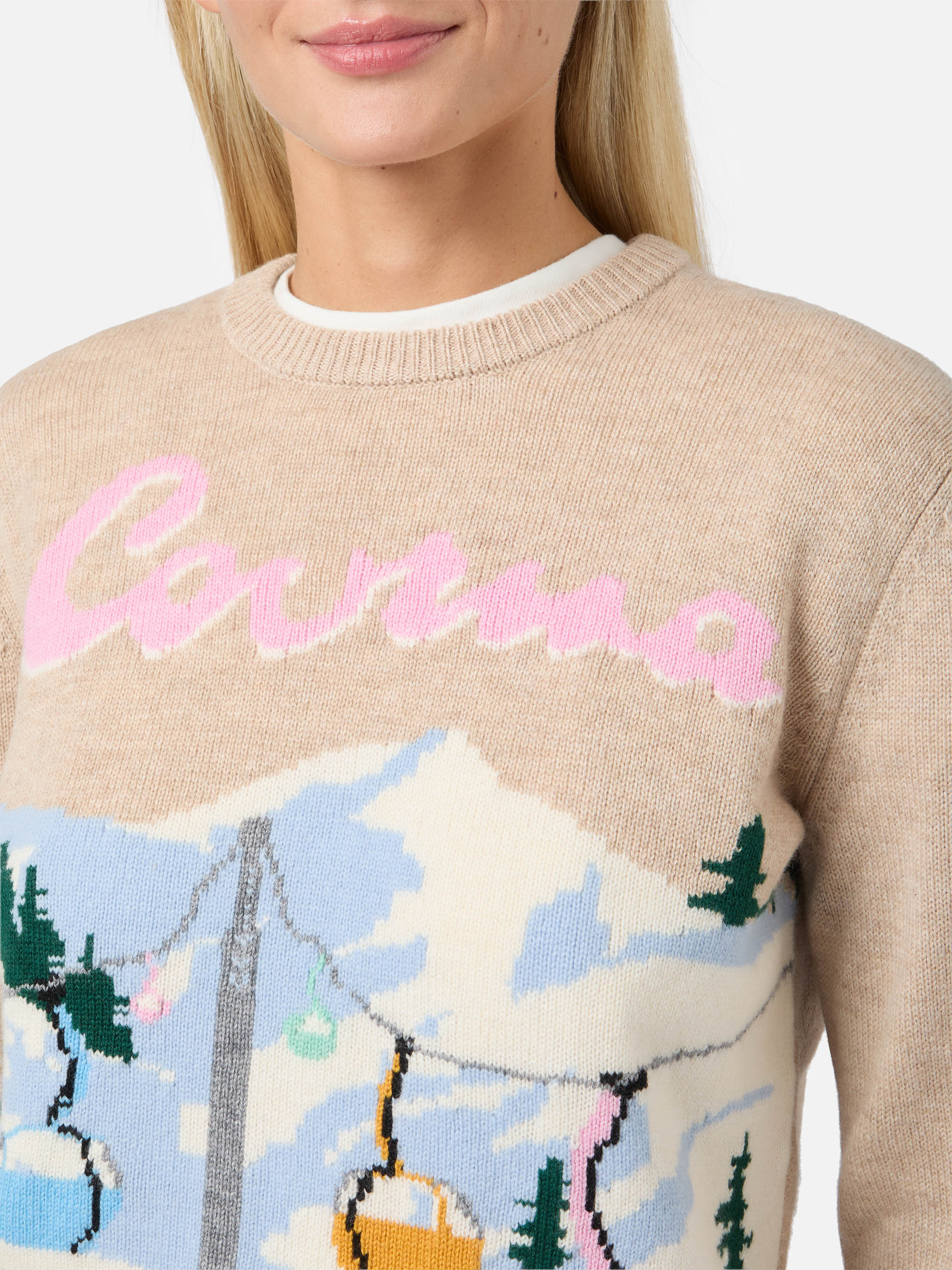 Maglione New Queen in misto cashmere beige con jacquard cartolina Courma - Image 2