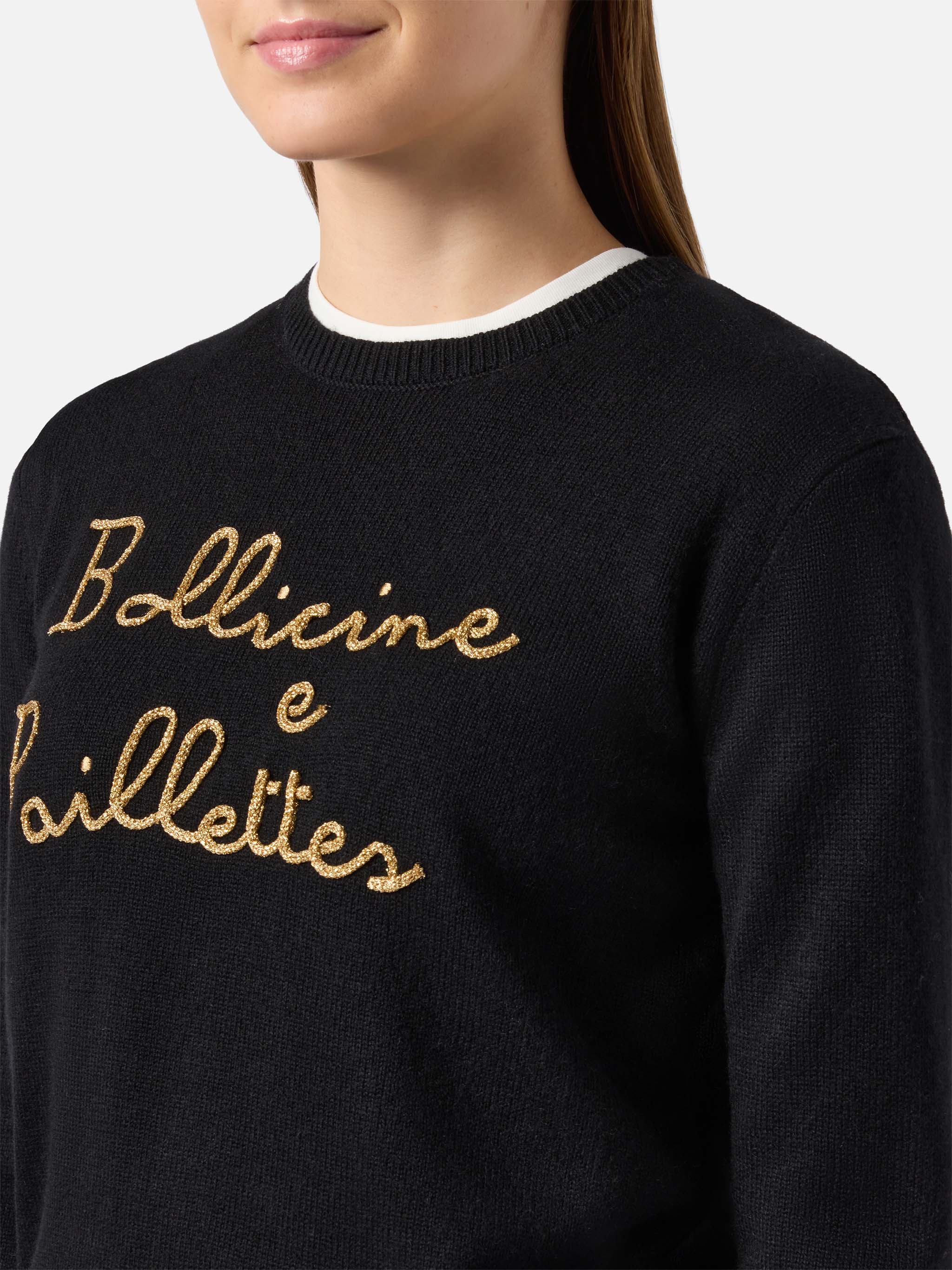 Maglione New Queen in misto cashmere nero con ricamo Bollicine e Pailettes - Image 2