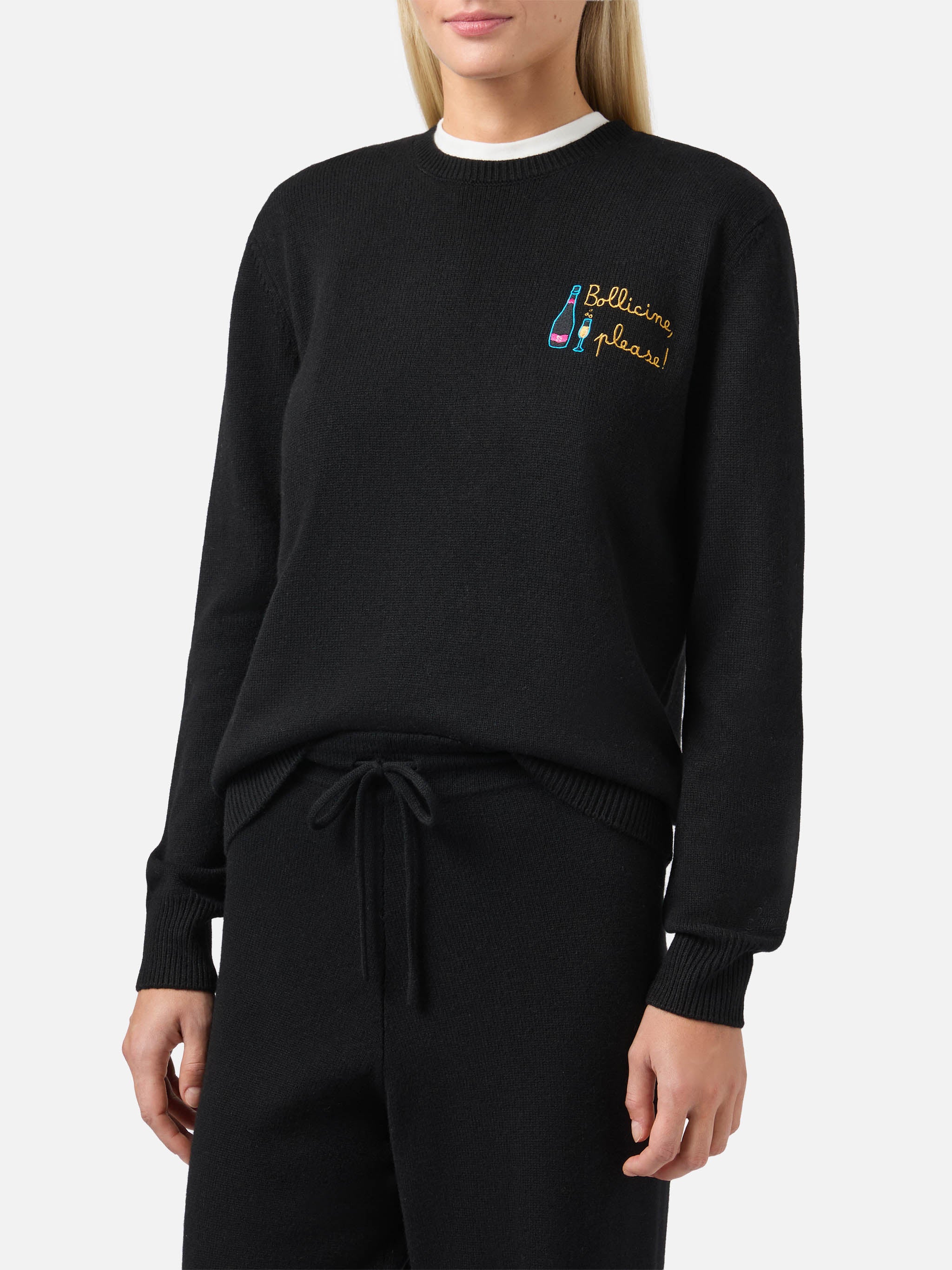 Maglione New Queen in misto cashmere nero con ricamo Bollicine, please - Image 2