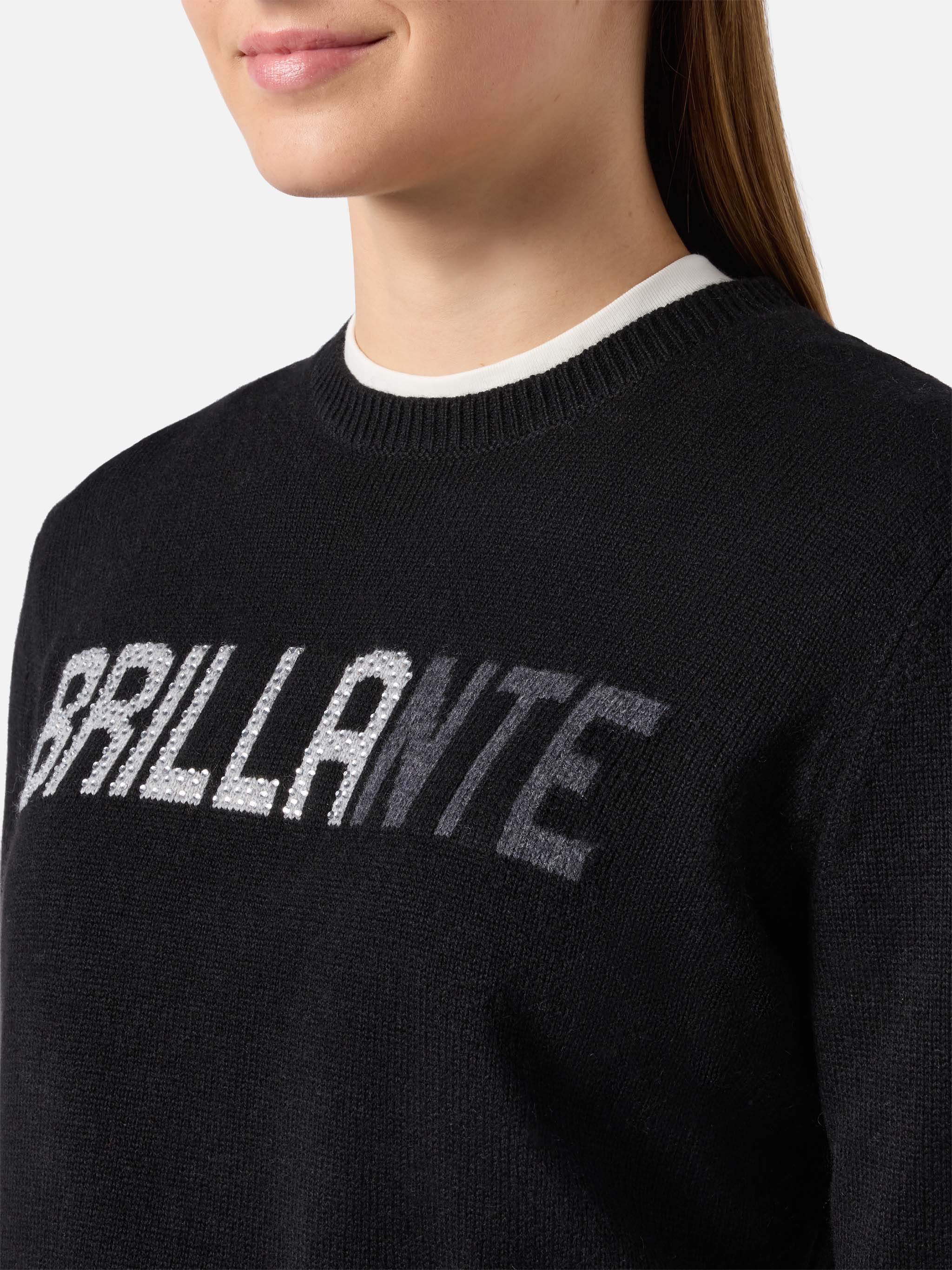 Maglione New Queen in misto cashmere nero con applicazione in strass Brillante - Image 2