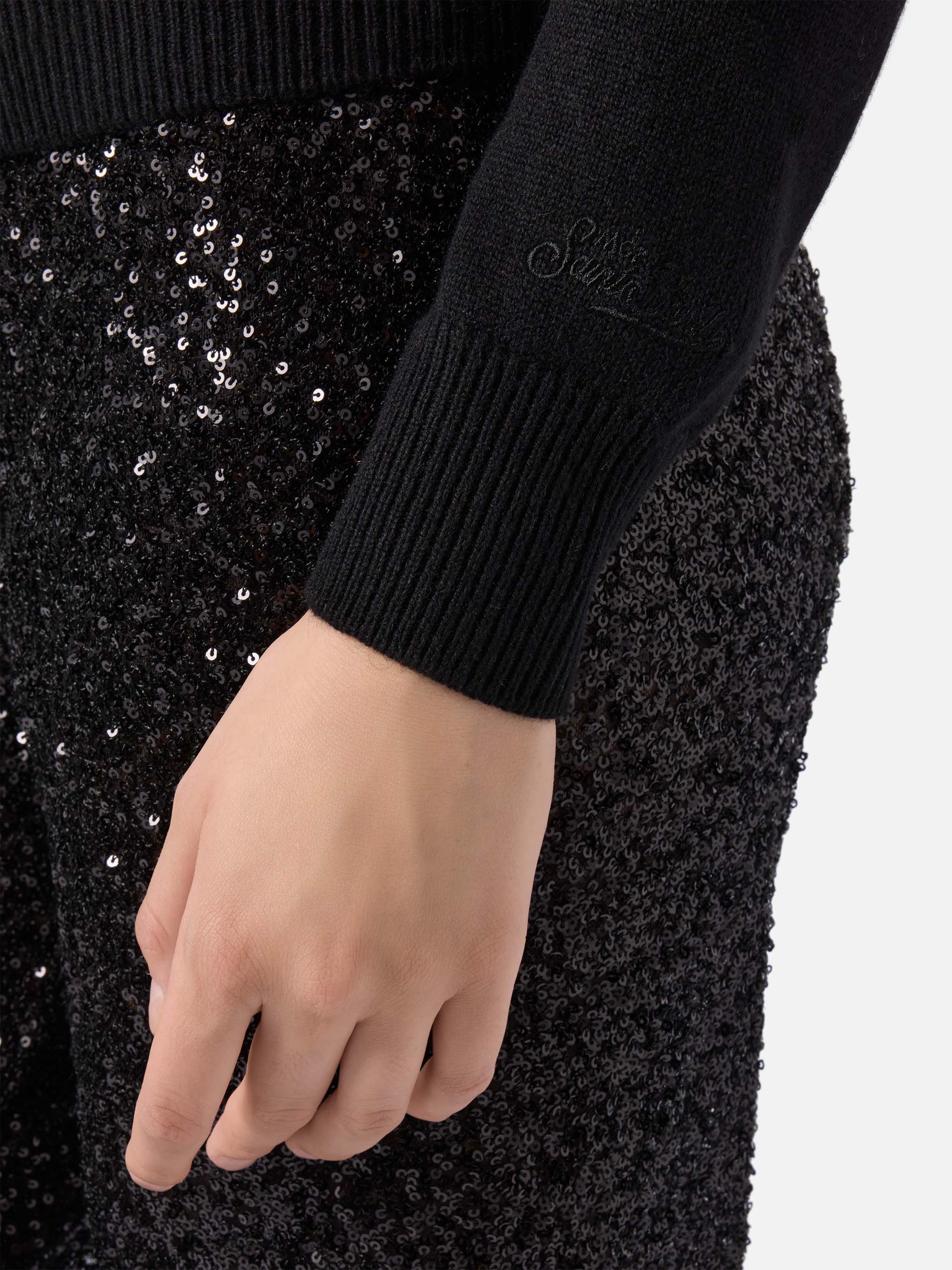 Maglione New Queen in misto cashmere nero con applicazione in strass Brillante - Image 3