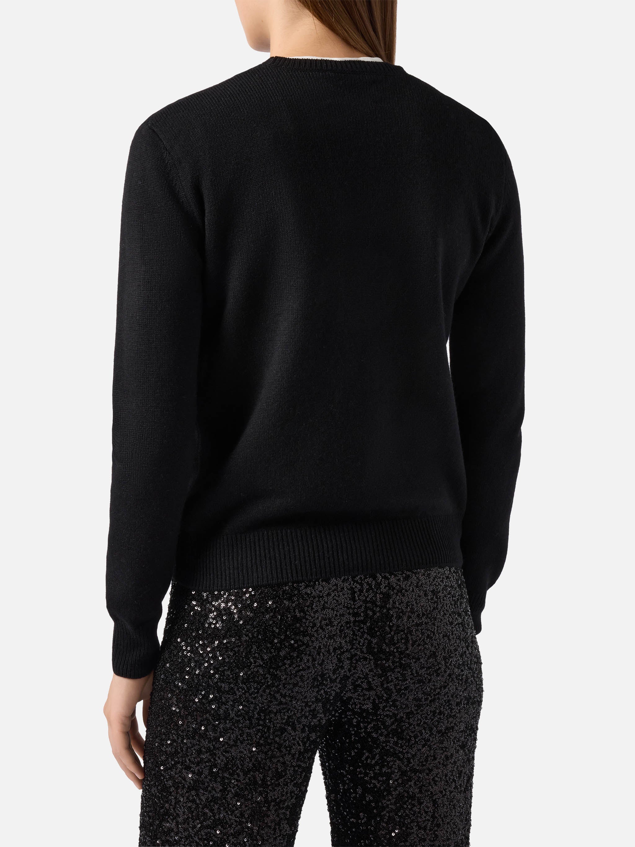 Maglione New Queen in misto cashmere nero con applicazione in strass Brillante - Image 4