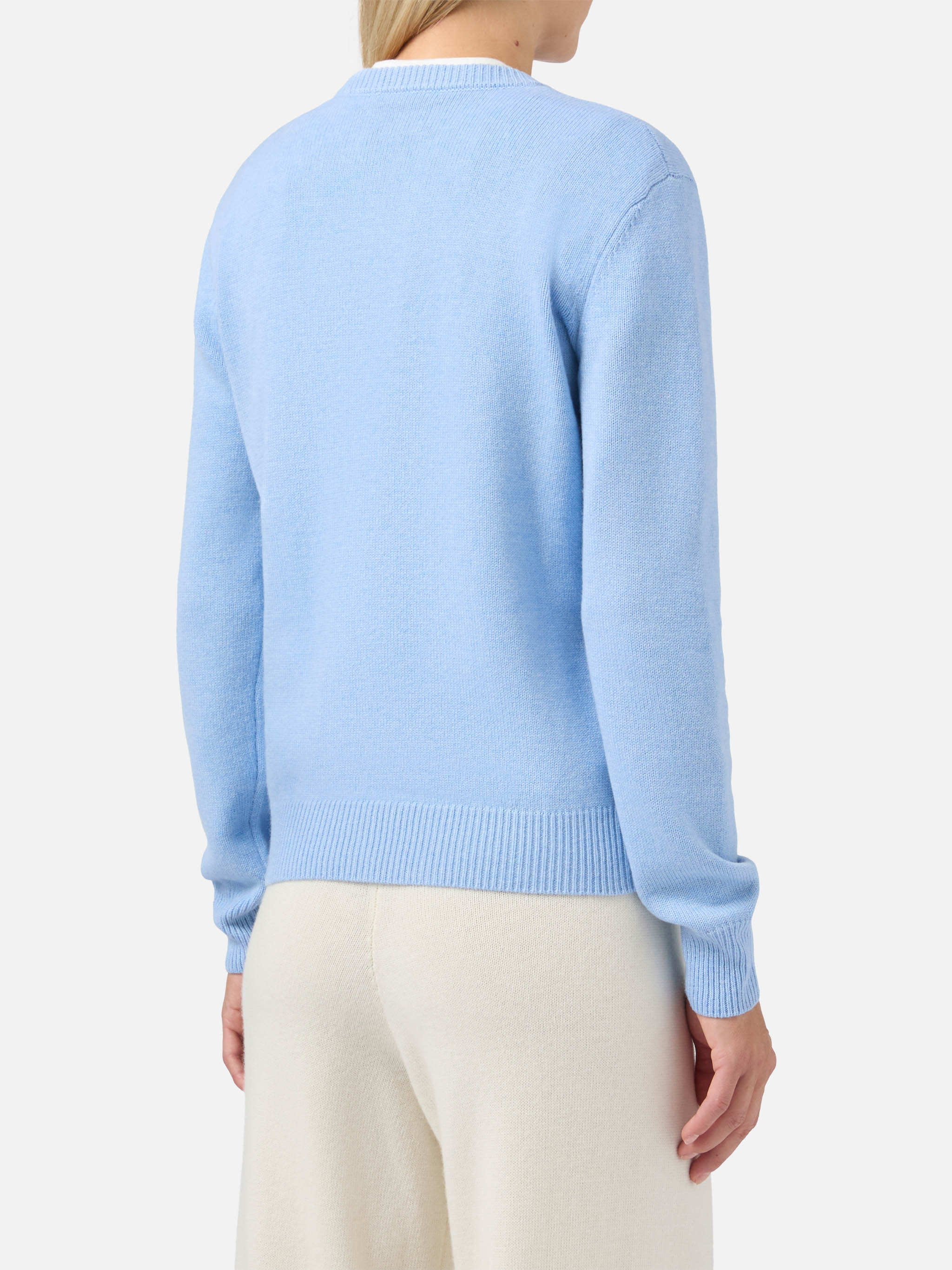 Maglione New Queen in misto cashmere azzurro con jacquard cartolina Campiglio - Image 3
