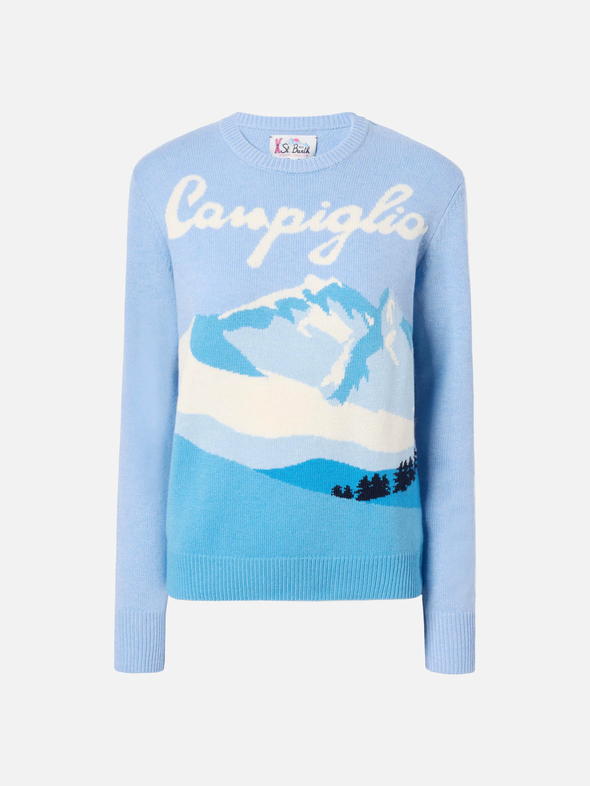 Maglione New Queen in misto cashmere azzurro con jacquard cartolina Campiglio - Image 5