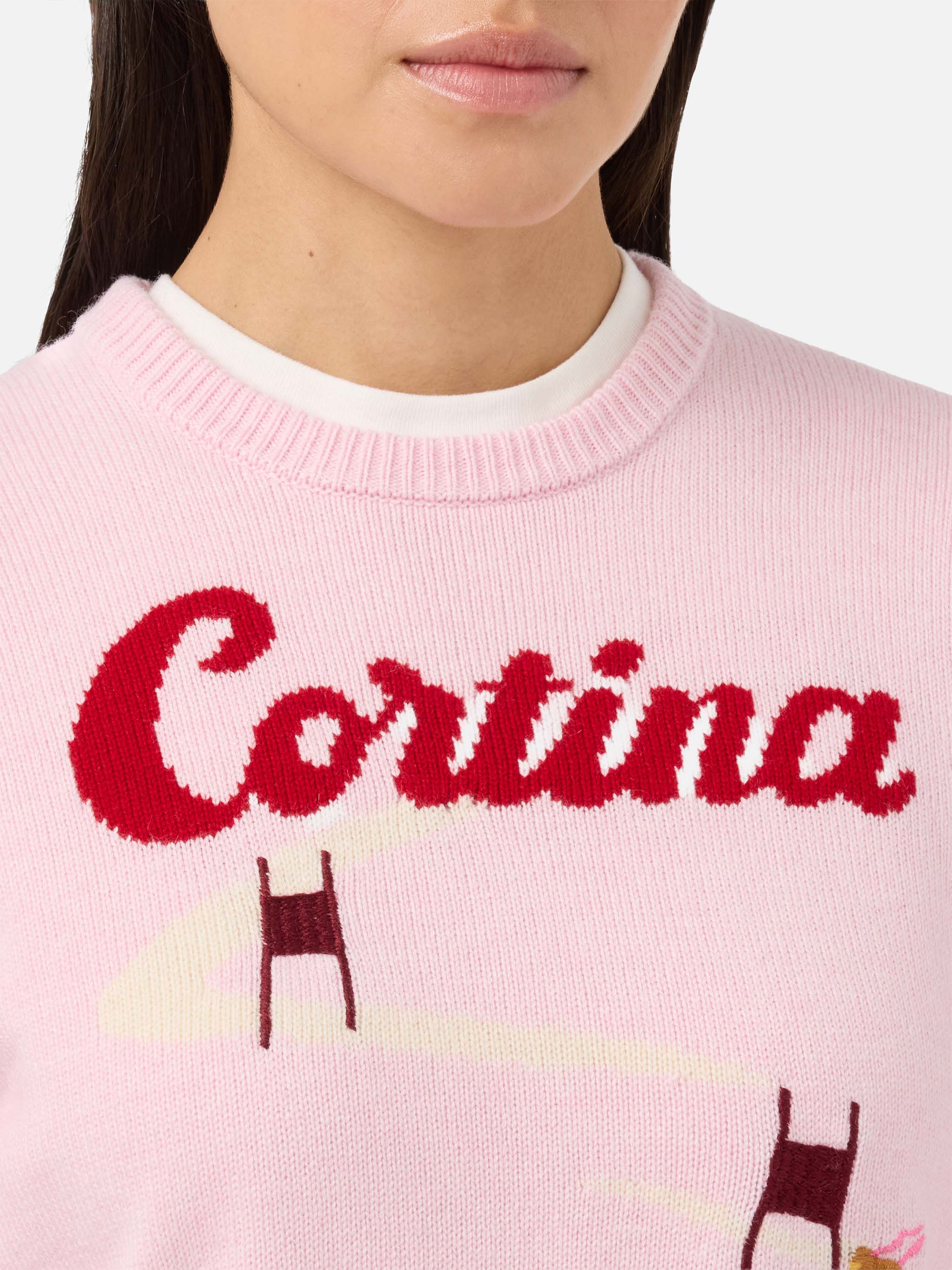 Maglione New Queen in misto cashmere rosa con jacquard cartolina Cortina - Image 2