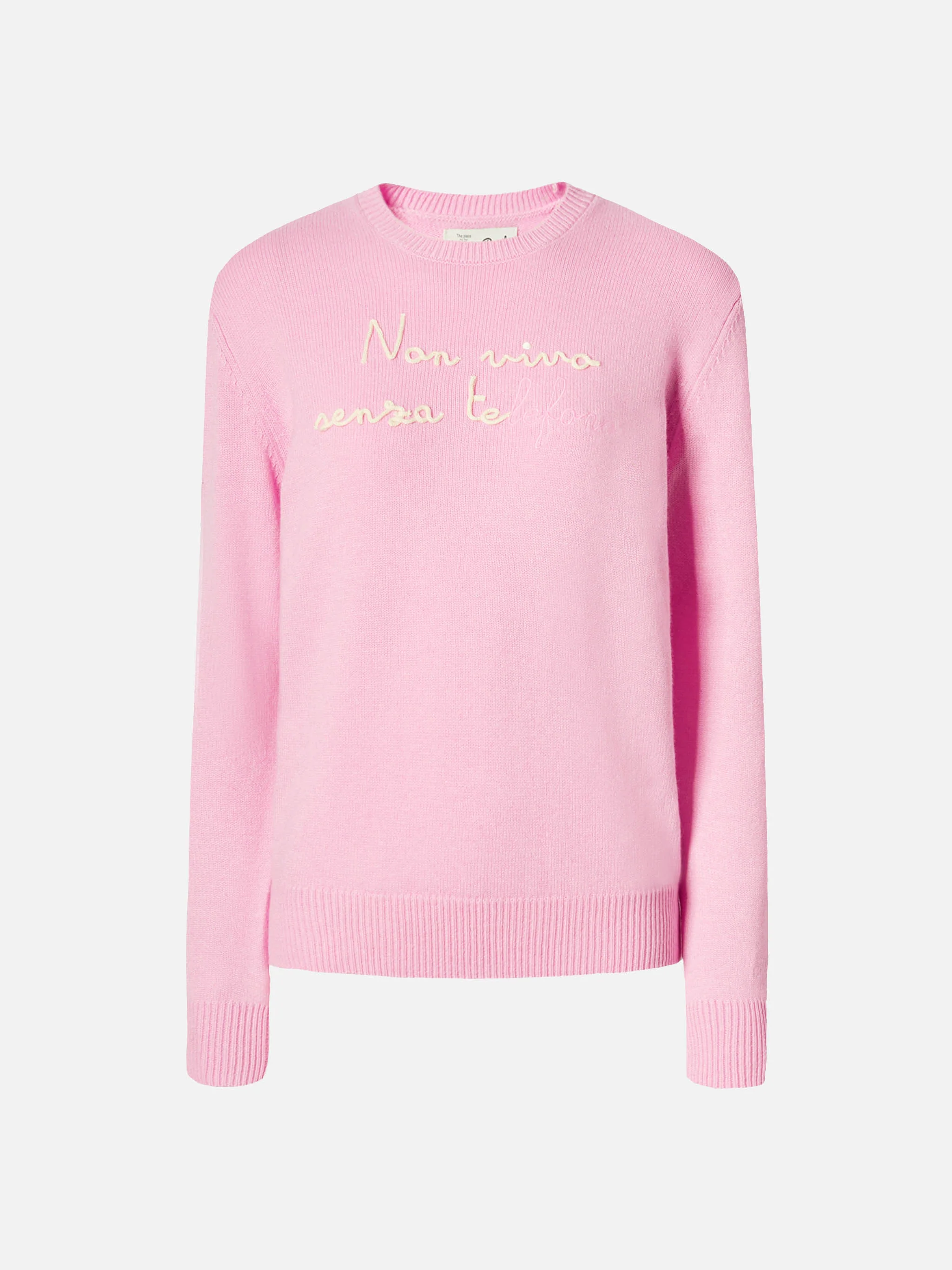Maglione New Queen in misto cashmere rosa con ricamo Non vivo senza te(lefono) - Image 5