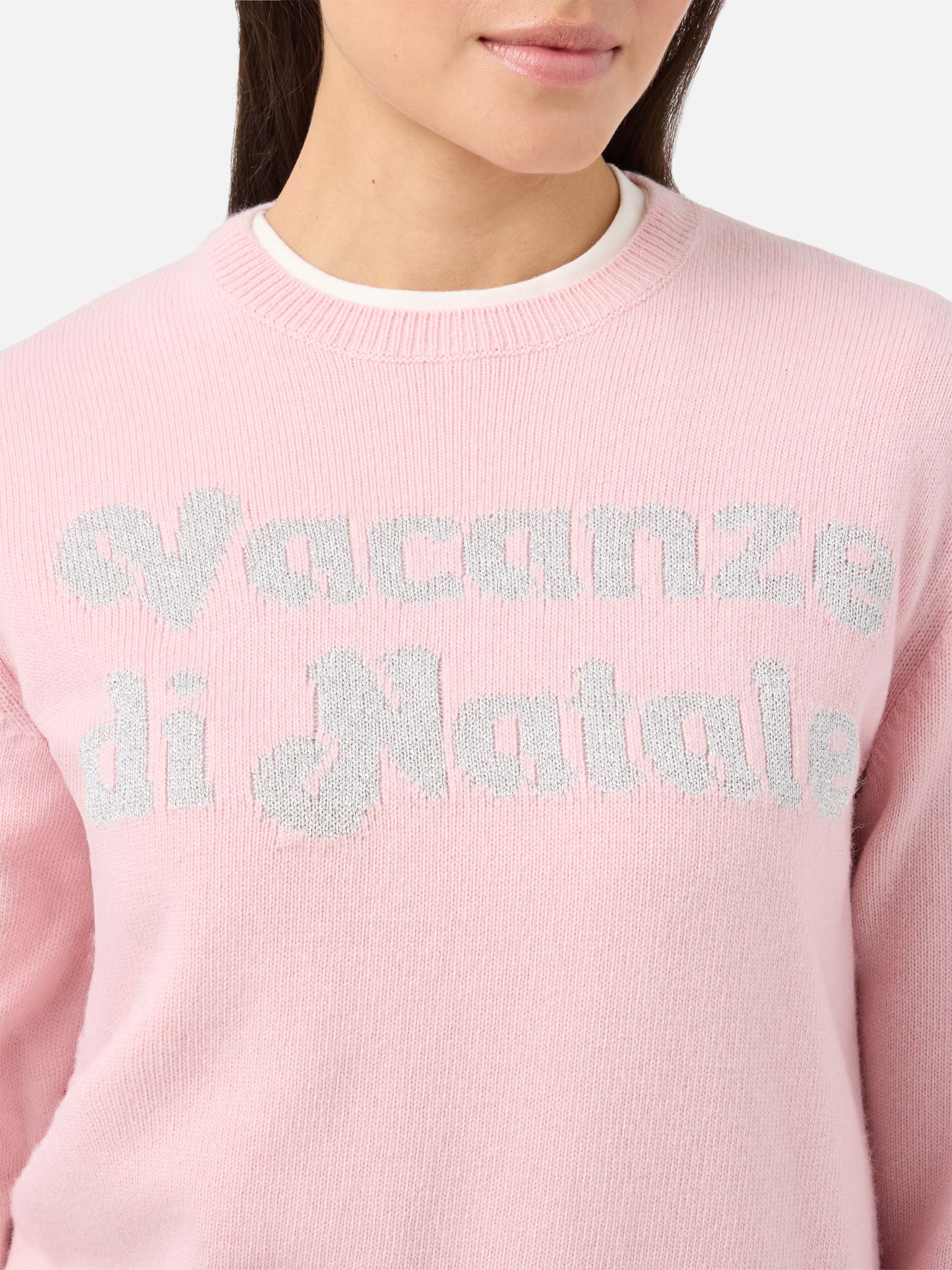 Girocollo New Queen in misto cashmere rosa con jacquard lurex Vacanze di Natale | VACANZE DI NATALE SPECIAL EDITION - Image 2