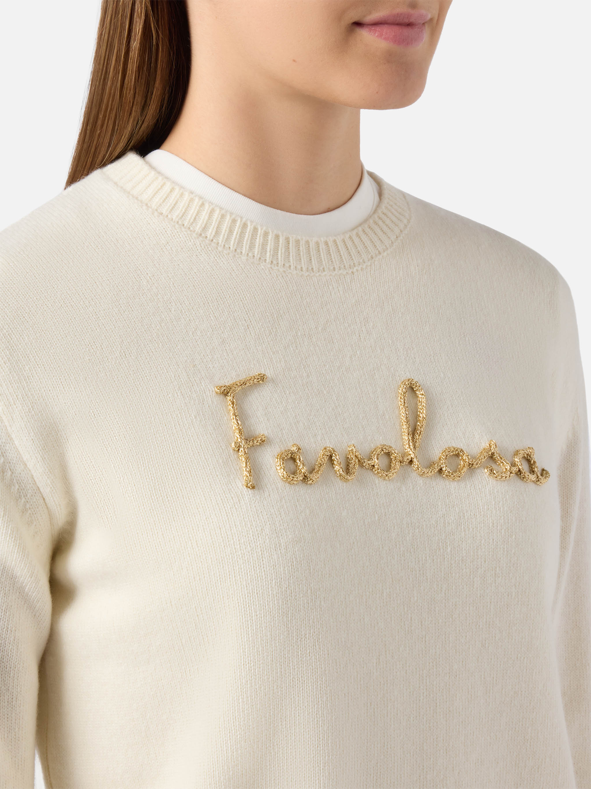 Maglione New Queen in misto cashmere bianco con ricamo lurex Favolosa - Image 2
