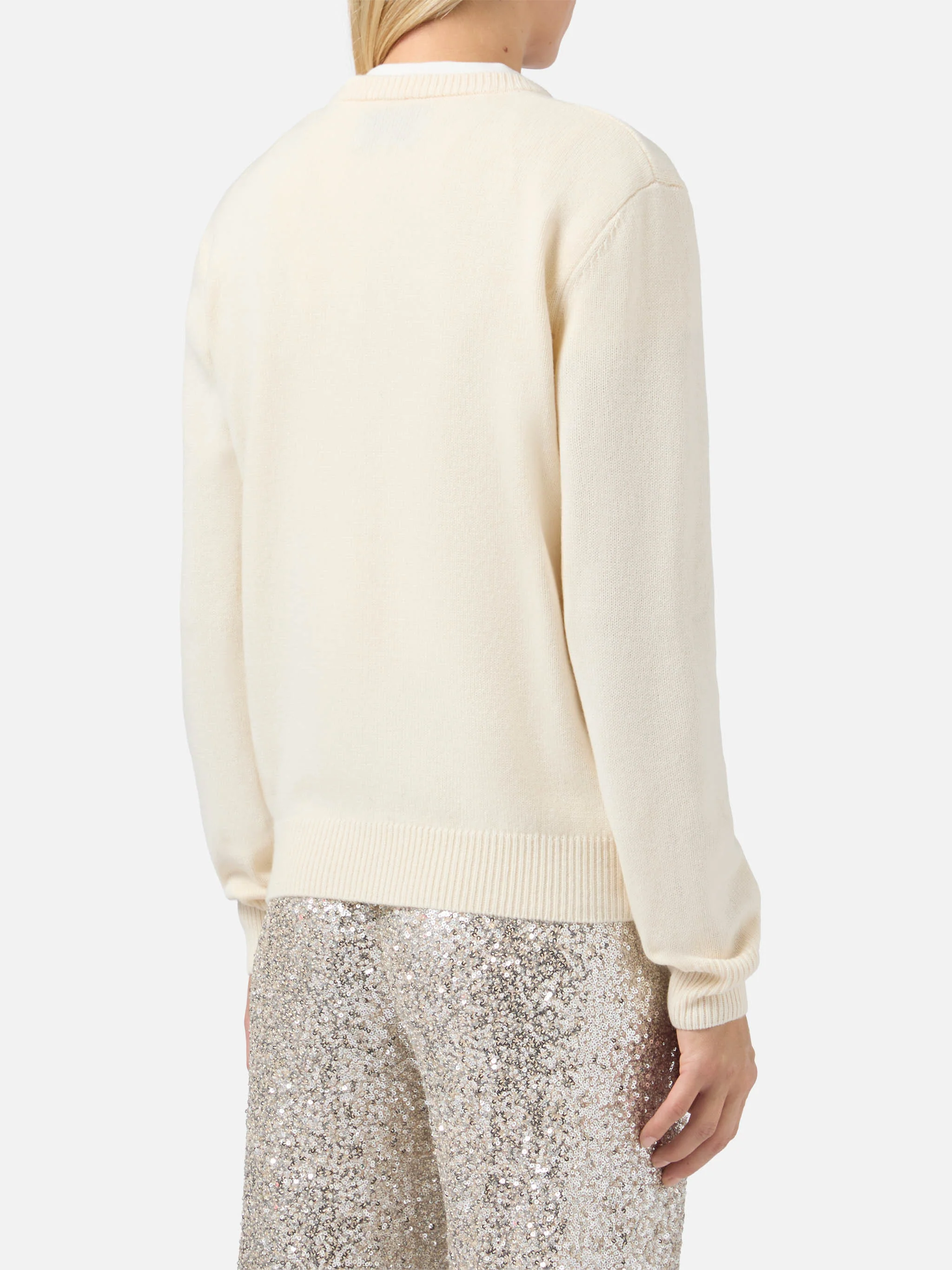 Maglione New Queen in misto cashmere bianco con jacquard cartolina e ricamo - Image 3