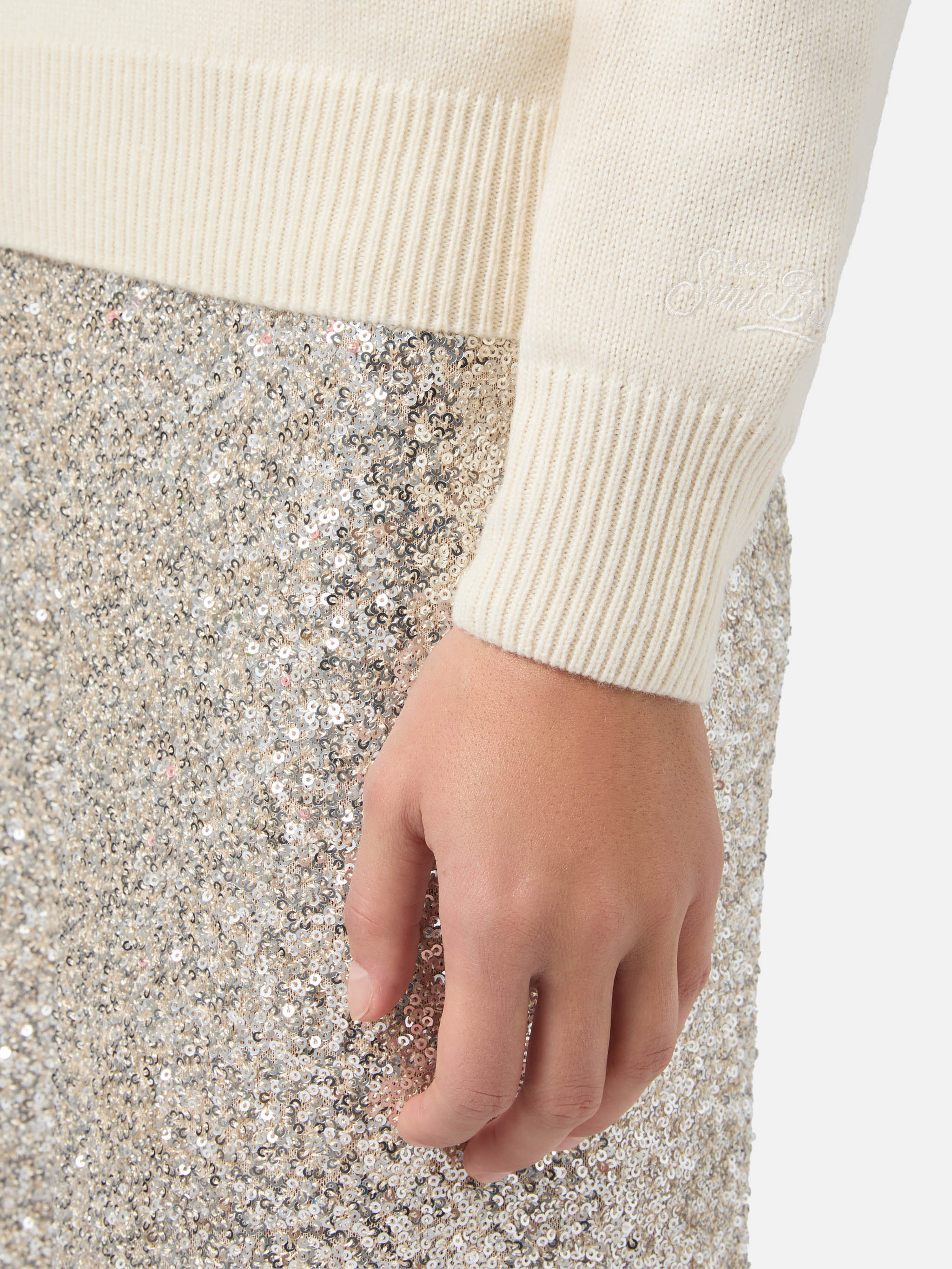 Maglione New Queen in misto cashmere bianco con jacquard cartolina e ricamo - Image 4