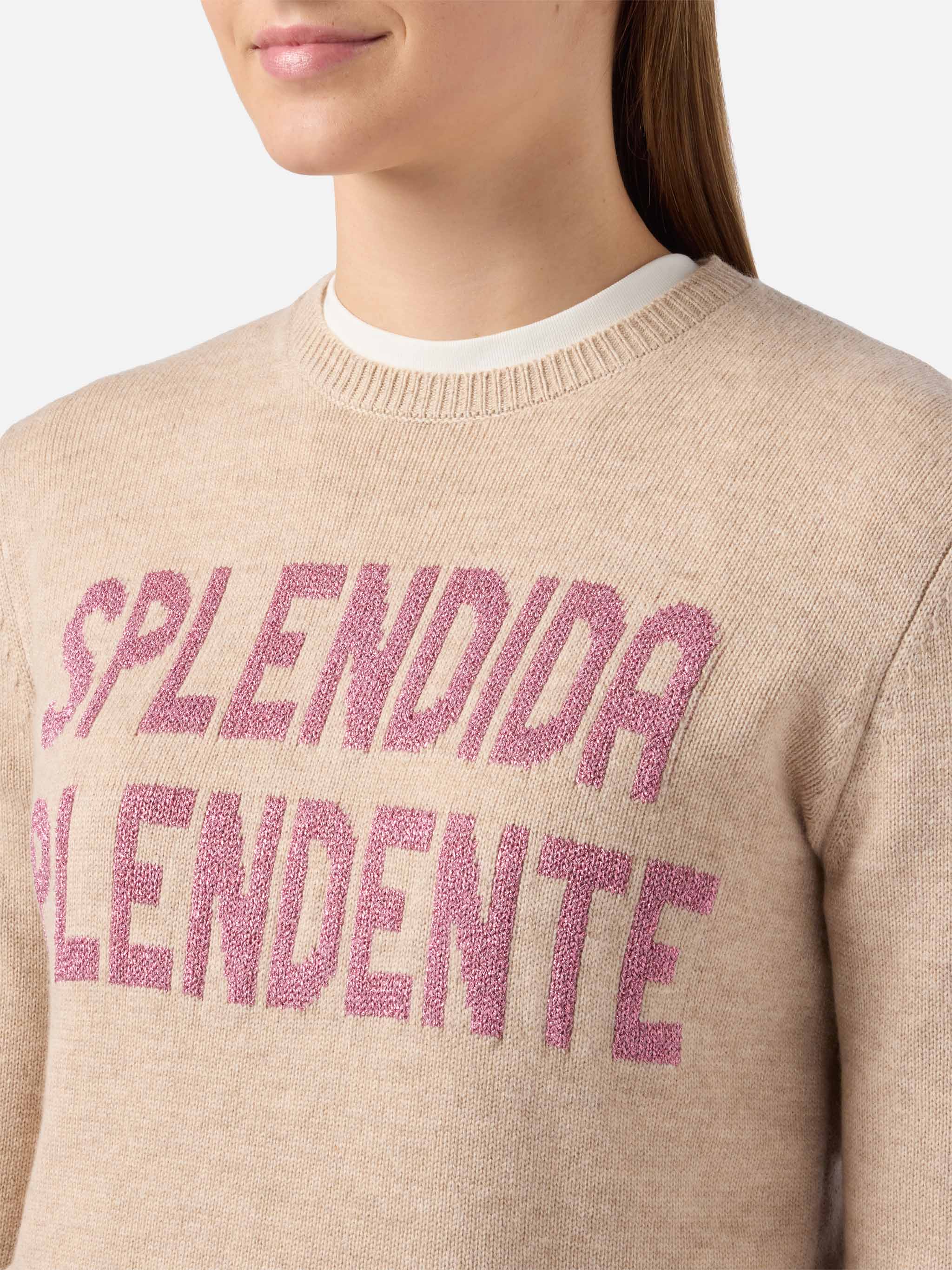 Maglione New Queen in misto cashmere bianco con jacquard lurex Splendida Splendente - Image 2