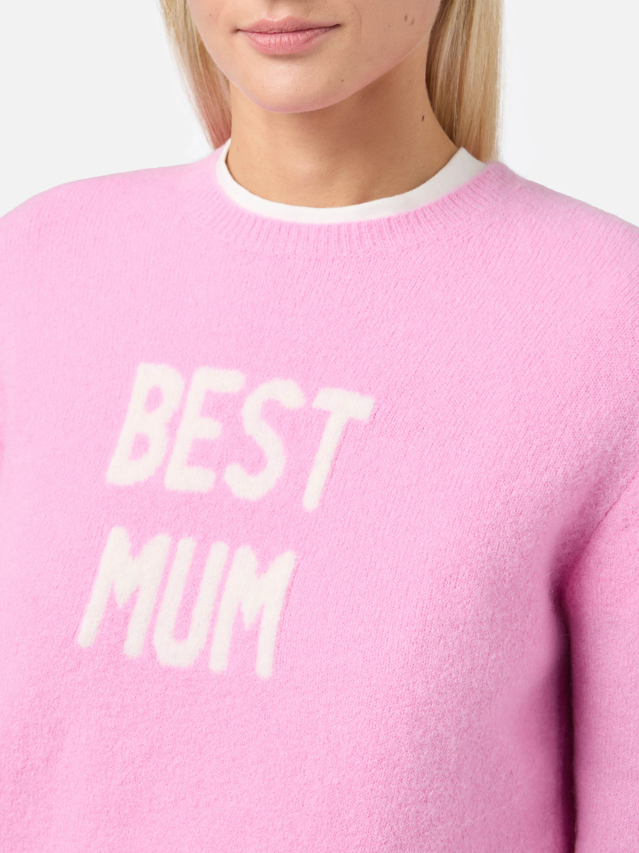 Maglia elasticizzata New Queen in misto lana merino e alpaca rosa con jacquard Best Mum - Image 2