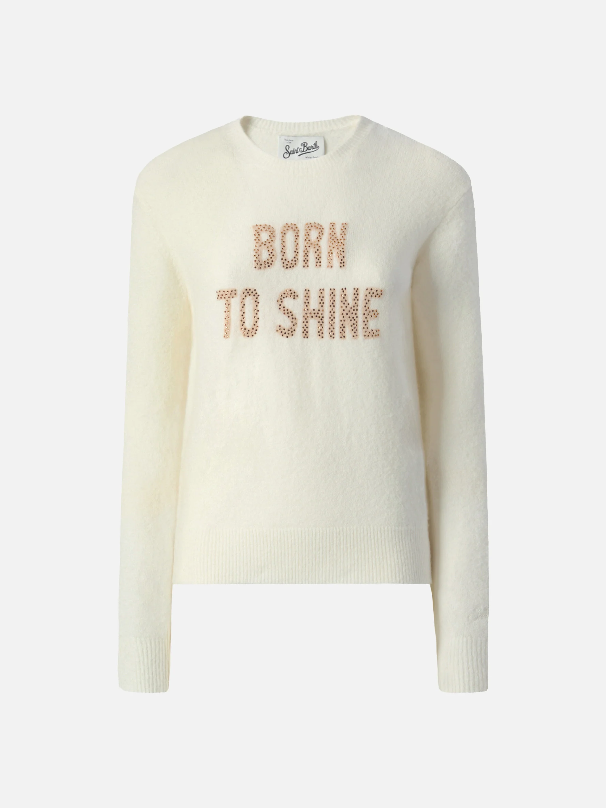 Maglia elasticizzata New Queen in misto lana merino e alpaca bianco con scritta applicata in strass Born to Shine - Image 5