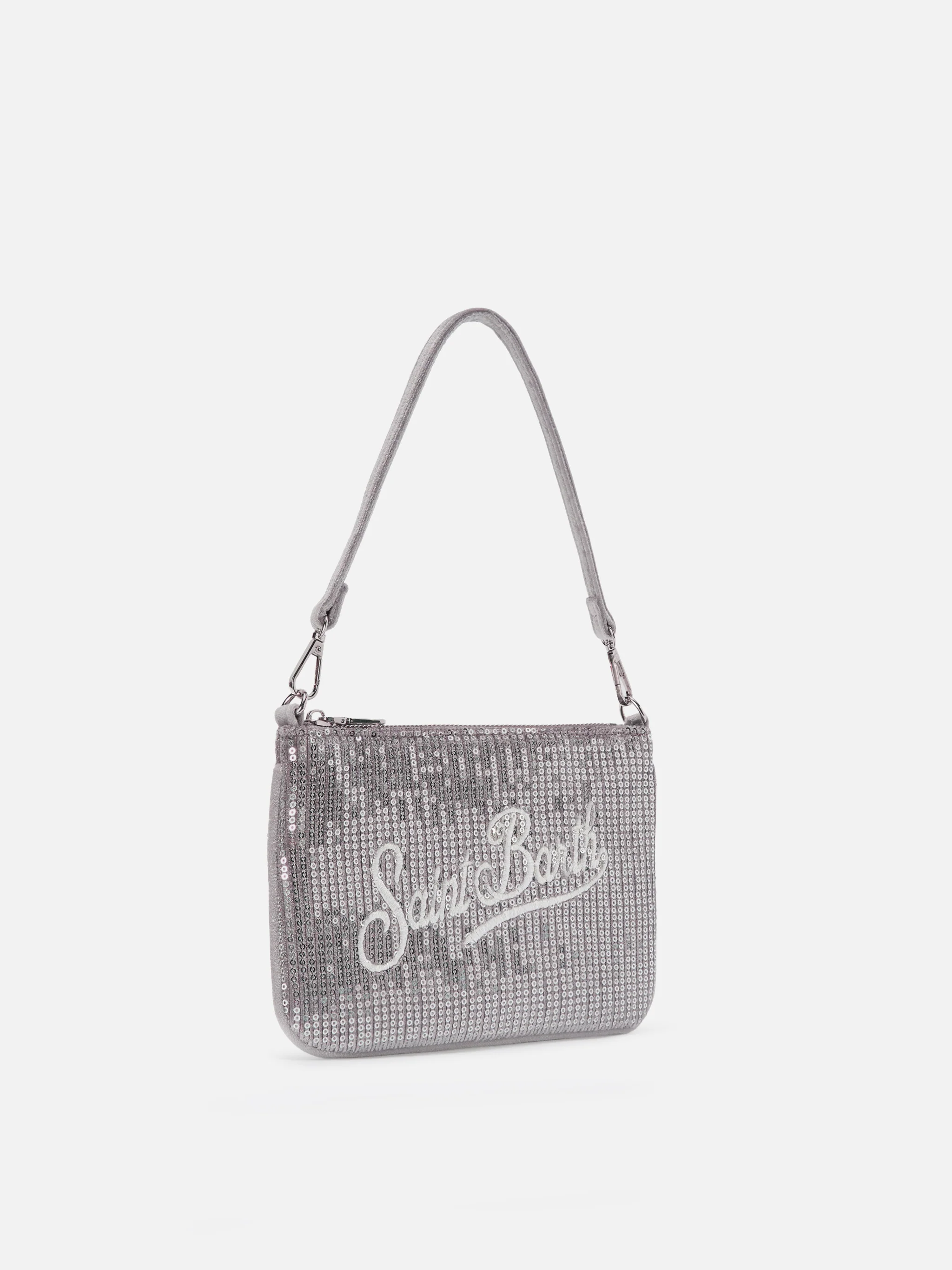 Borsetta a spalla Parisienne Mini Velvet grigia con paillettes - Image 3