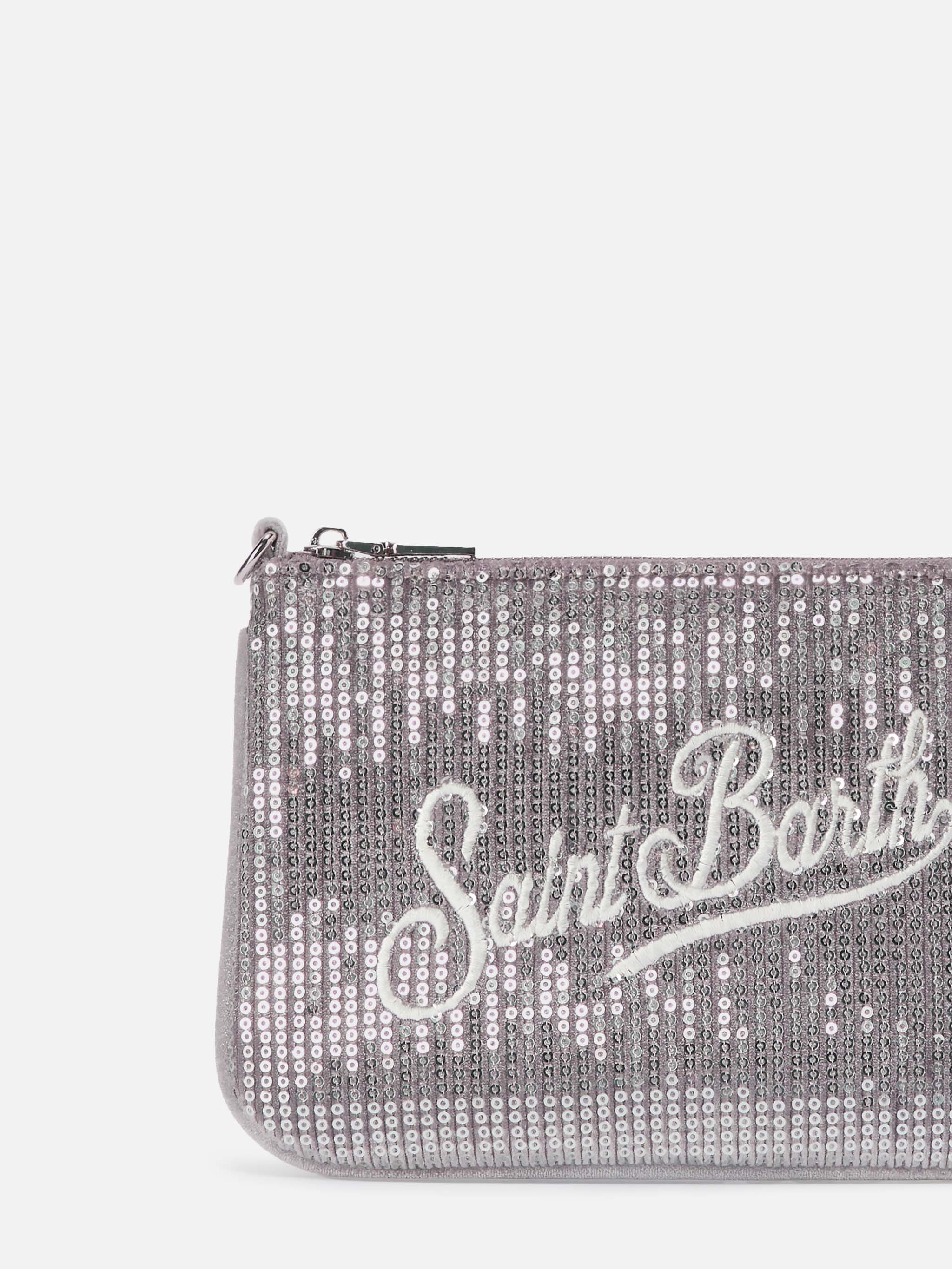 Borsetta a spalla Parisienne Mini Velvet grigia con paillettes - Image 4