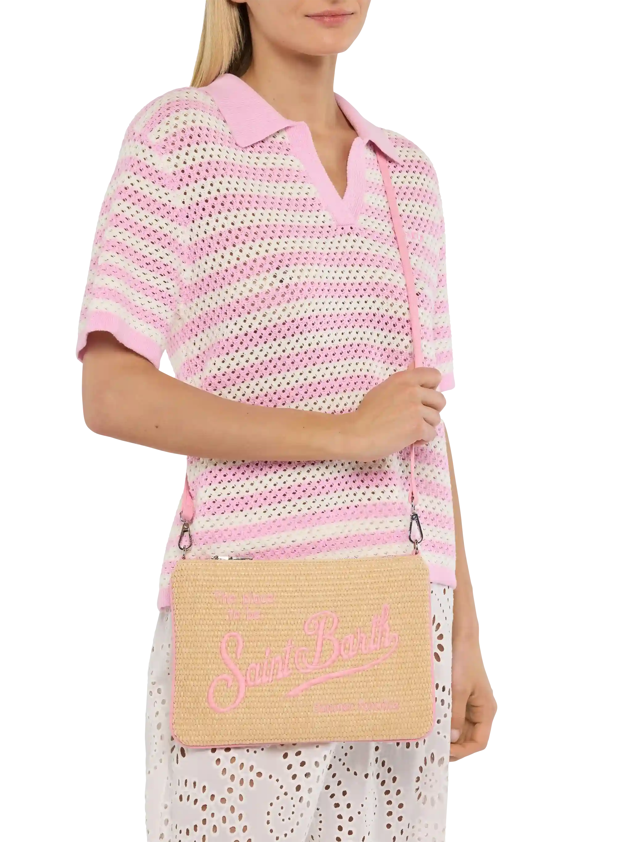 Pochette Parisienne effetto paglia con dettagli rosa - Image 2
