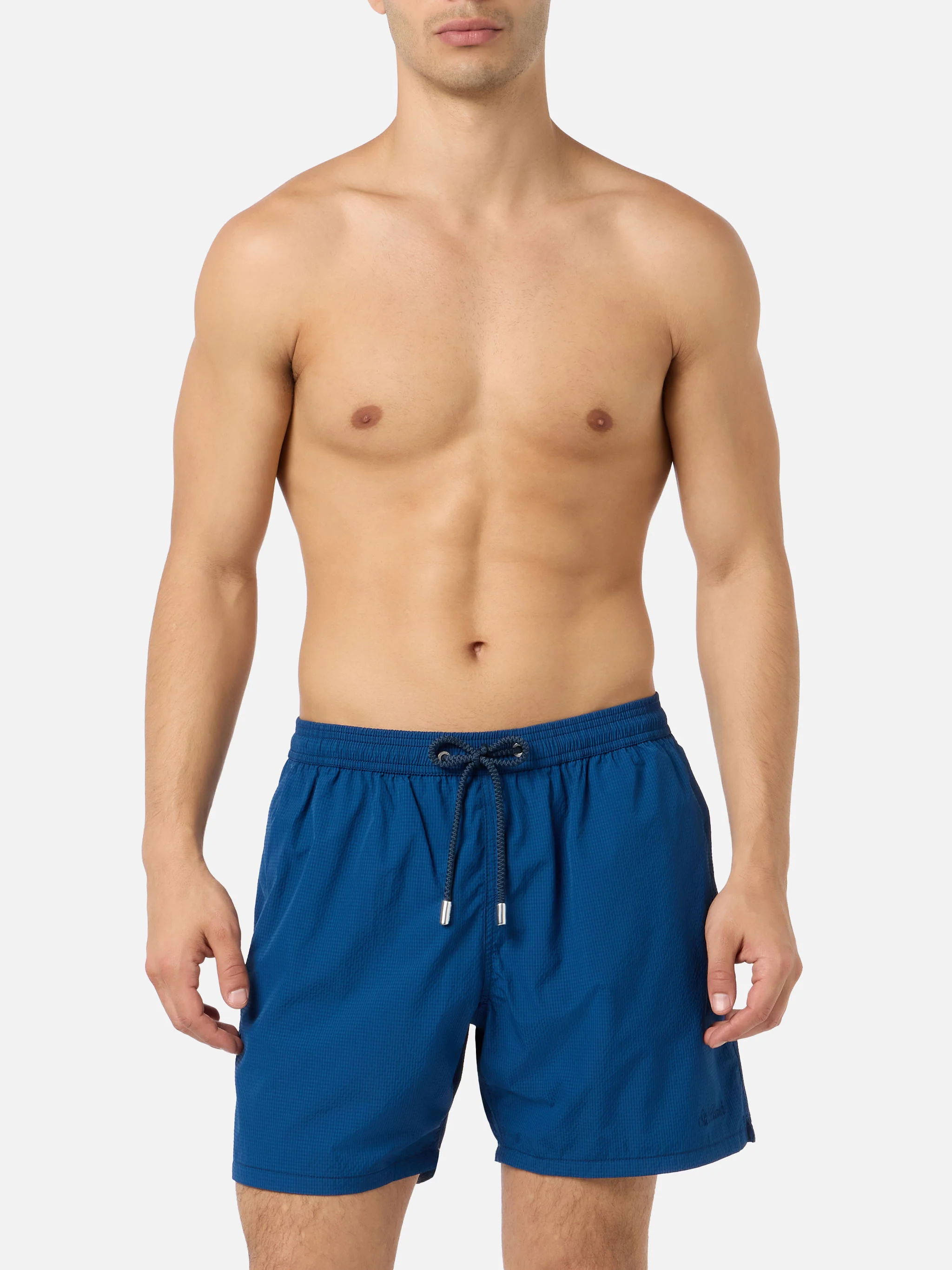 Costume classico leggero Patmos in seersucker a righe blu navy - Image 3