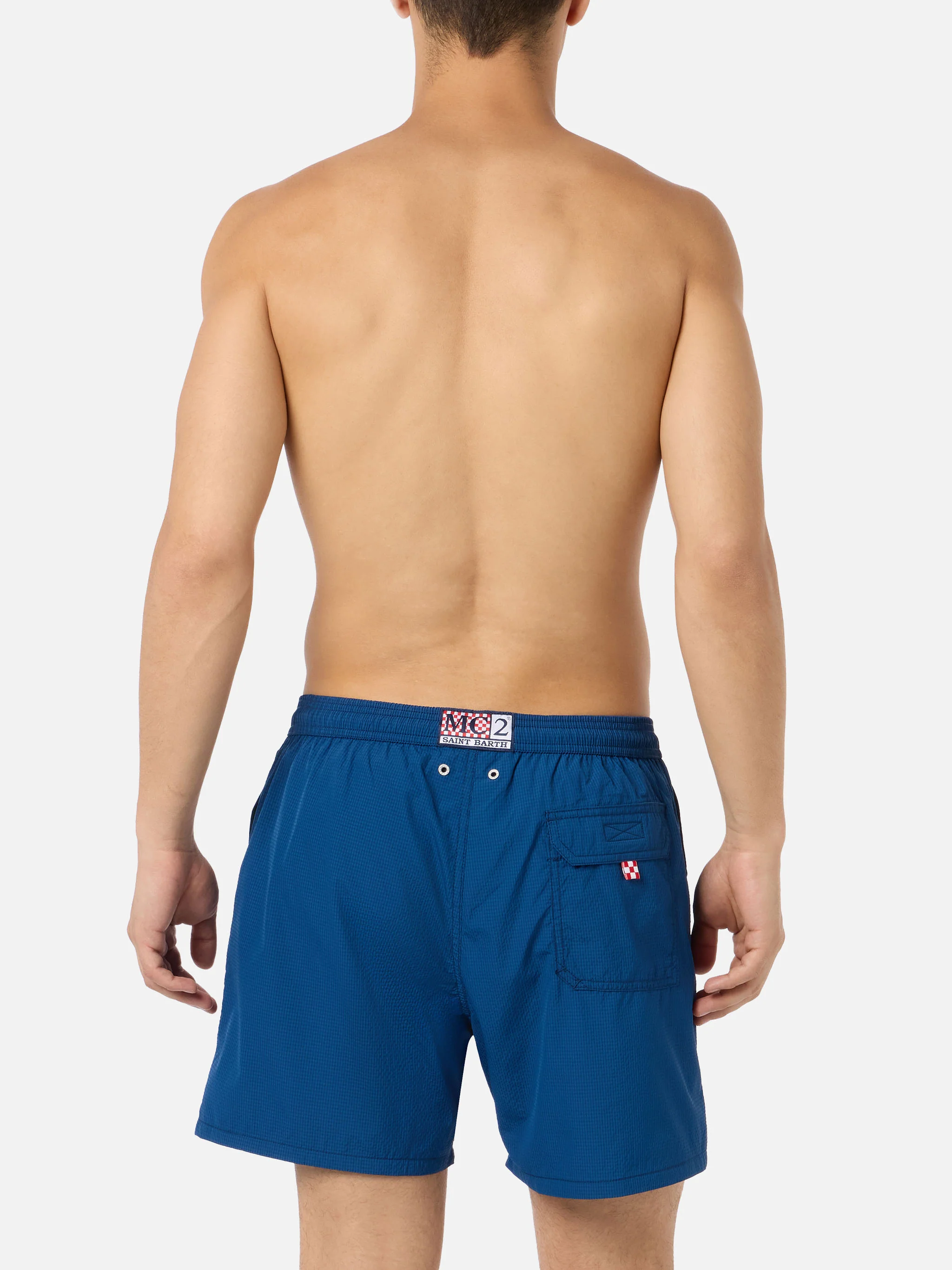 Costume classico leggero Patmos in seersucker a righe blu navy - Image 4