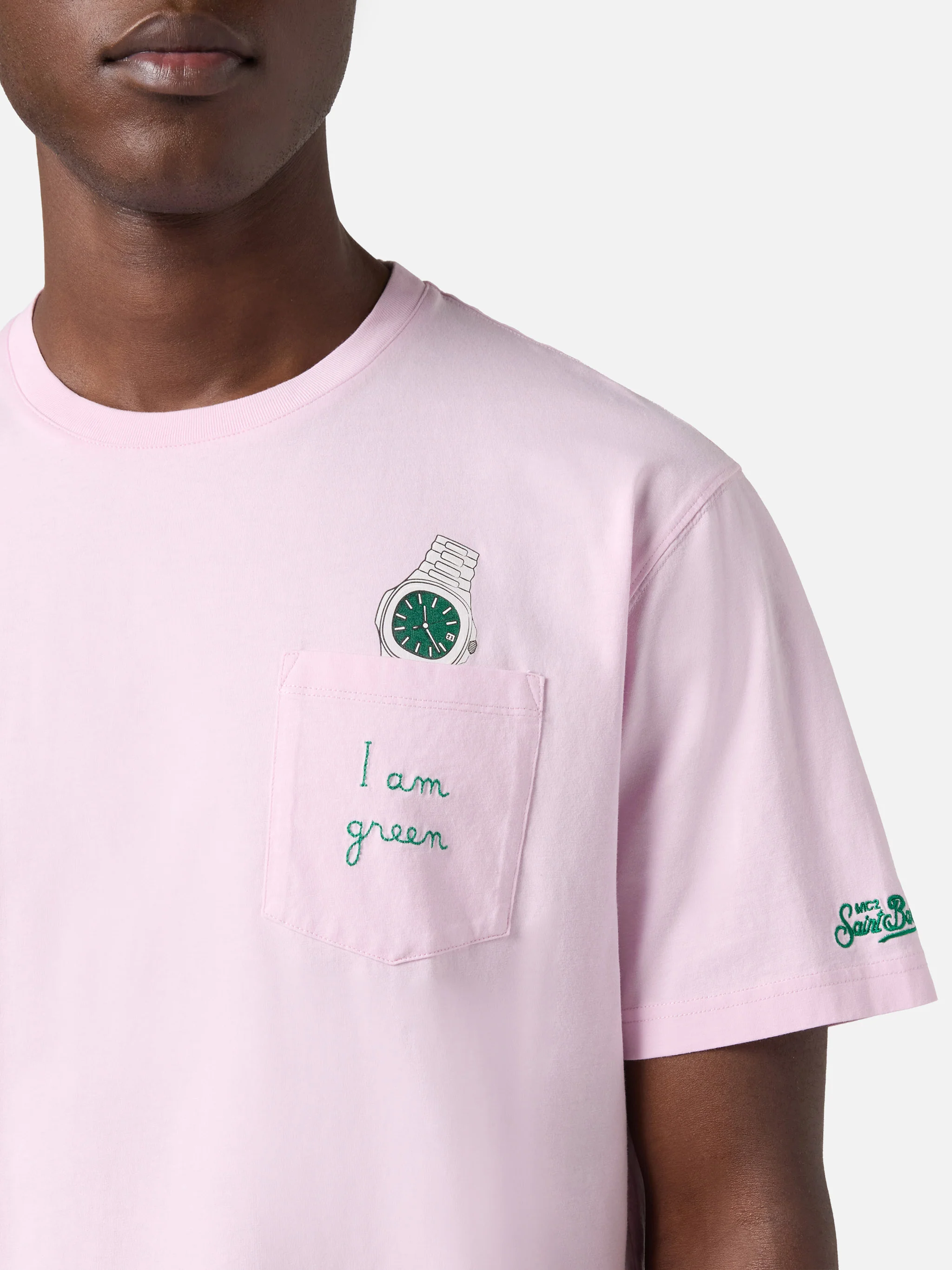 T-shirt Austin rosa con orologio e ricamo I Am Green - Image 2