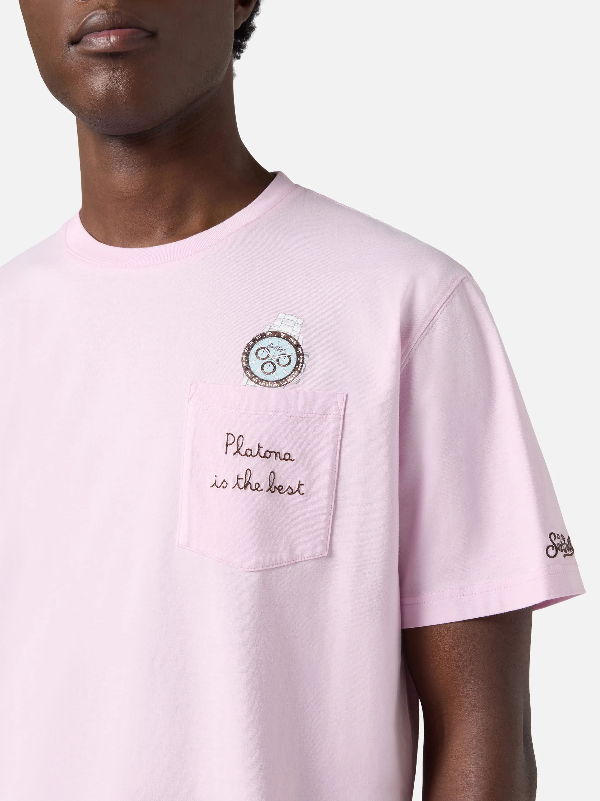 T-shirt Austin rosa con orologio e ricamo Platona Is The Best - Image 2