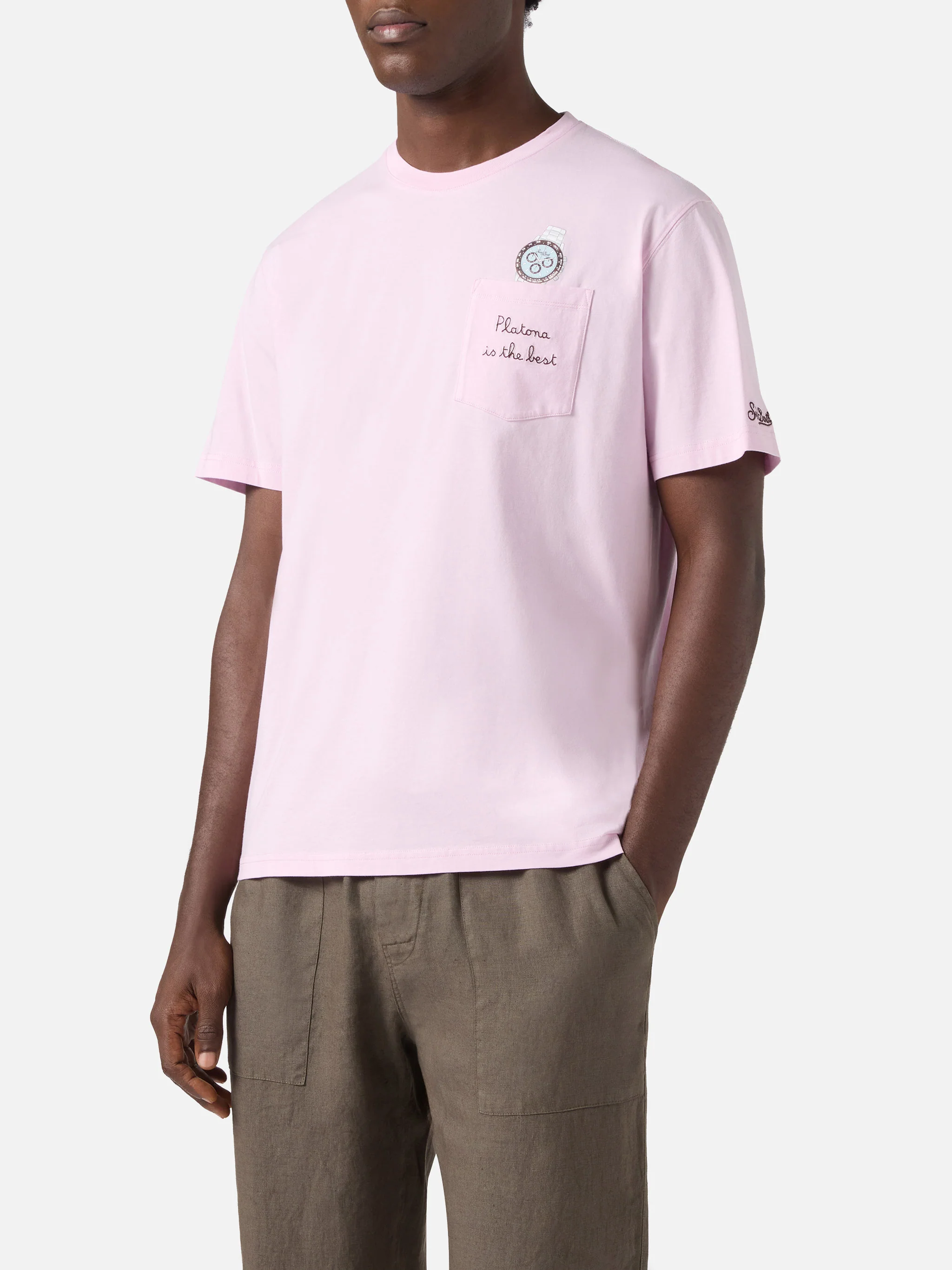 T-shirt Austin rosa con orologio e ricamo Platona Is The Best - Image 3