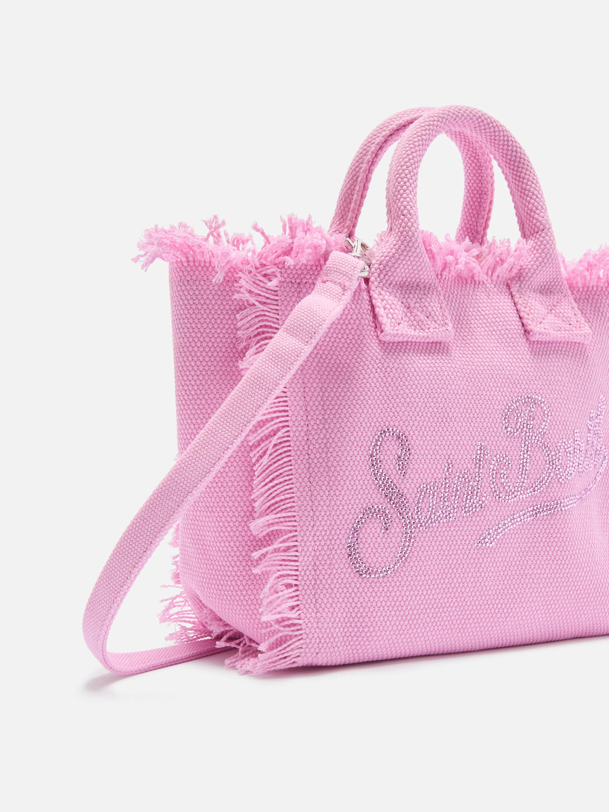 Borsa Vanity mini in canvas rosa con logo in strass - Image 3