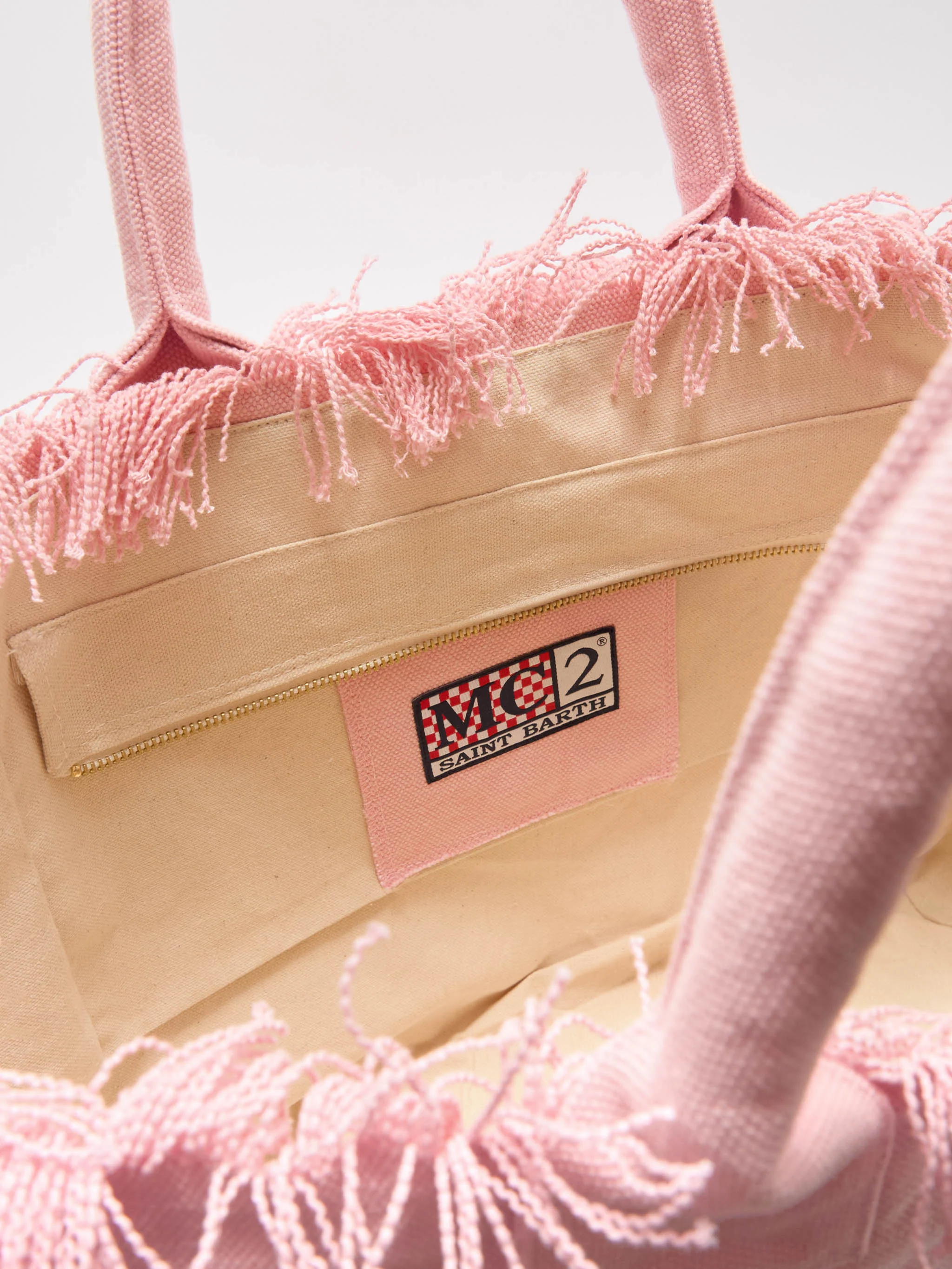Borsa Vanity regular rosa in canvas con frange - Image 4