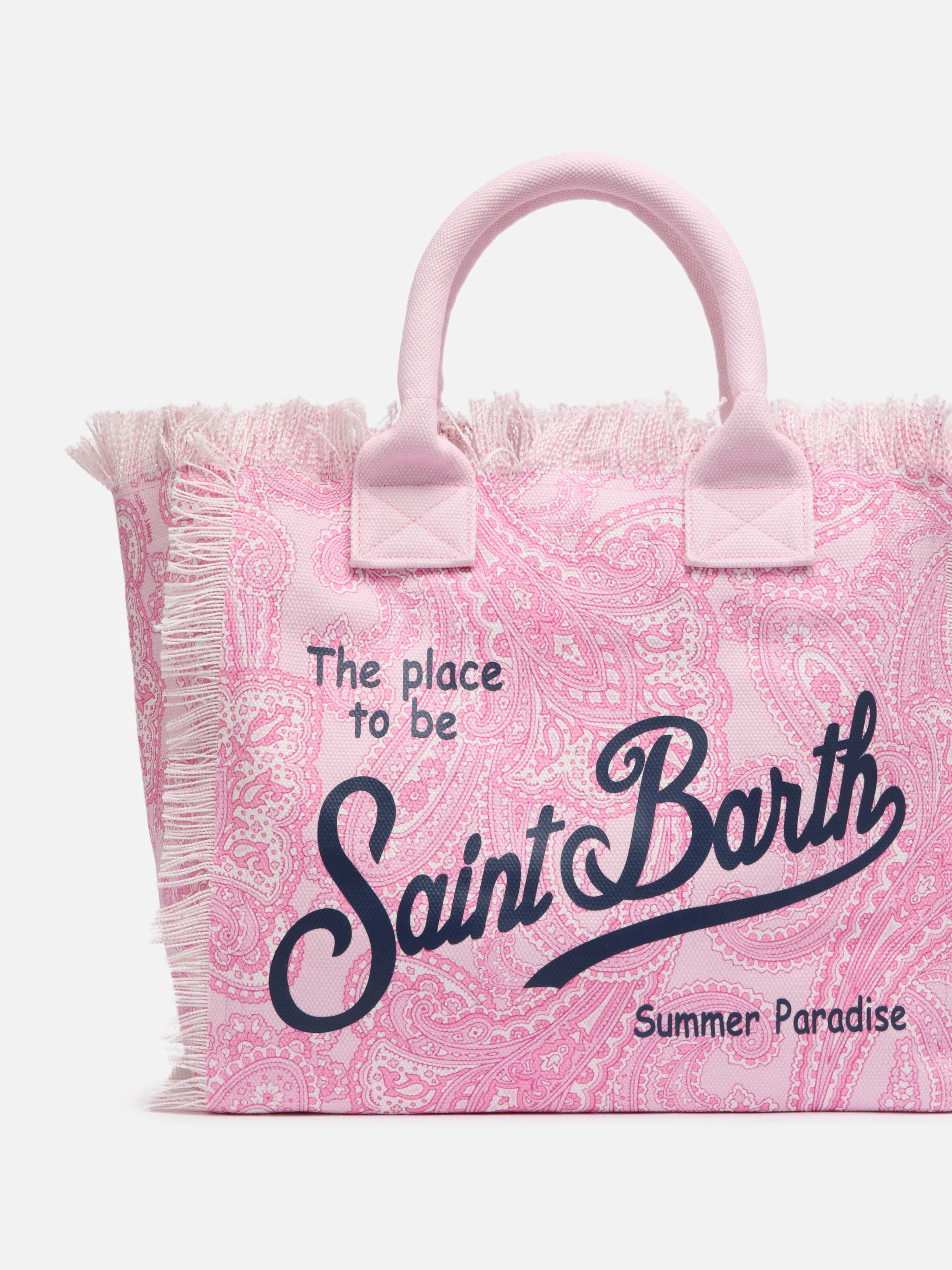 Borsa a spalla Vanity in canvas di cotone rosa con stampa paisley - Image 3