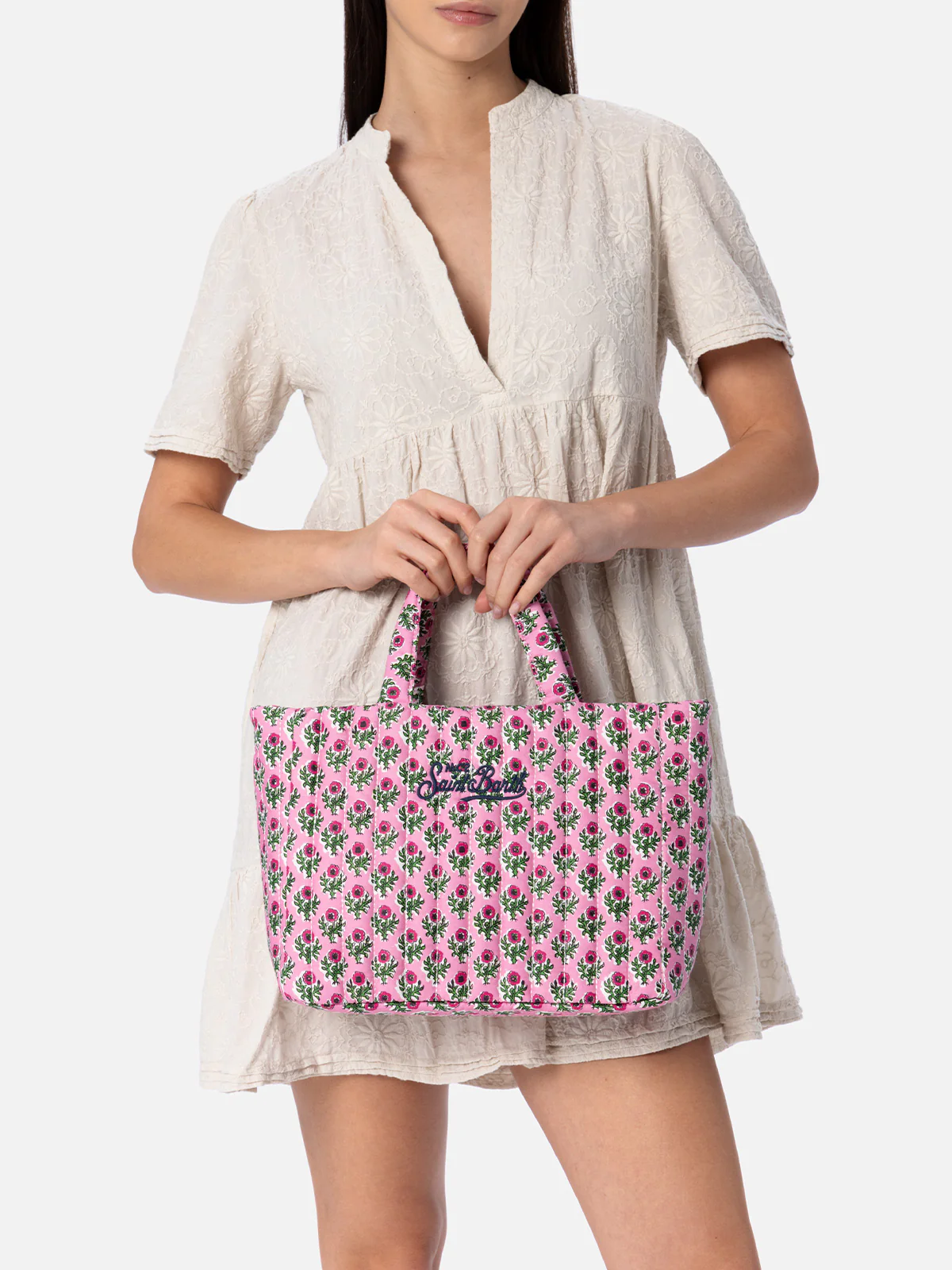 Borsa Soft Tote Mid trapuntata a fiori rosa - Image 5