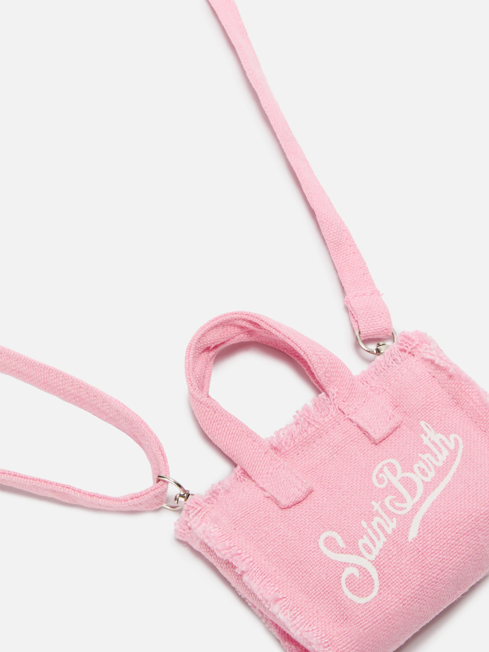 Keychain a forma di mini borsa in lino rosa con logo stampato - Image 3