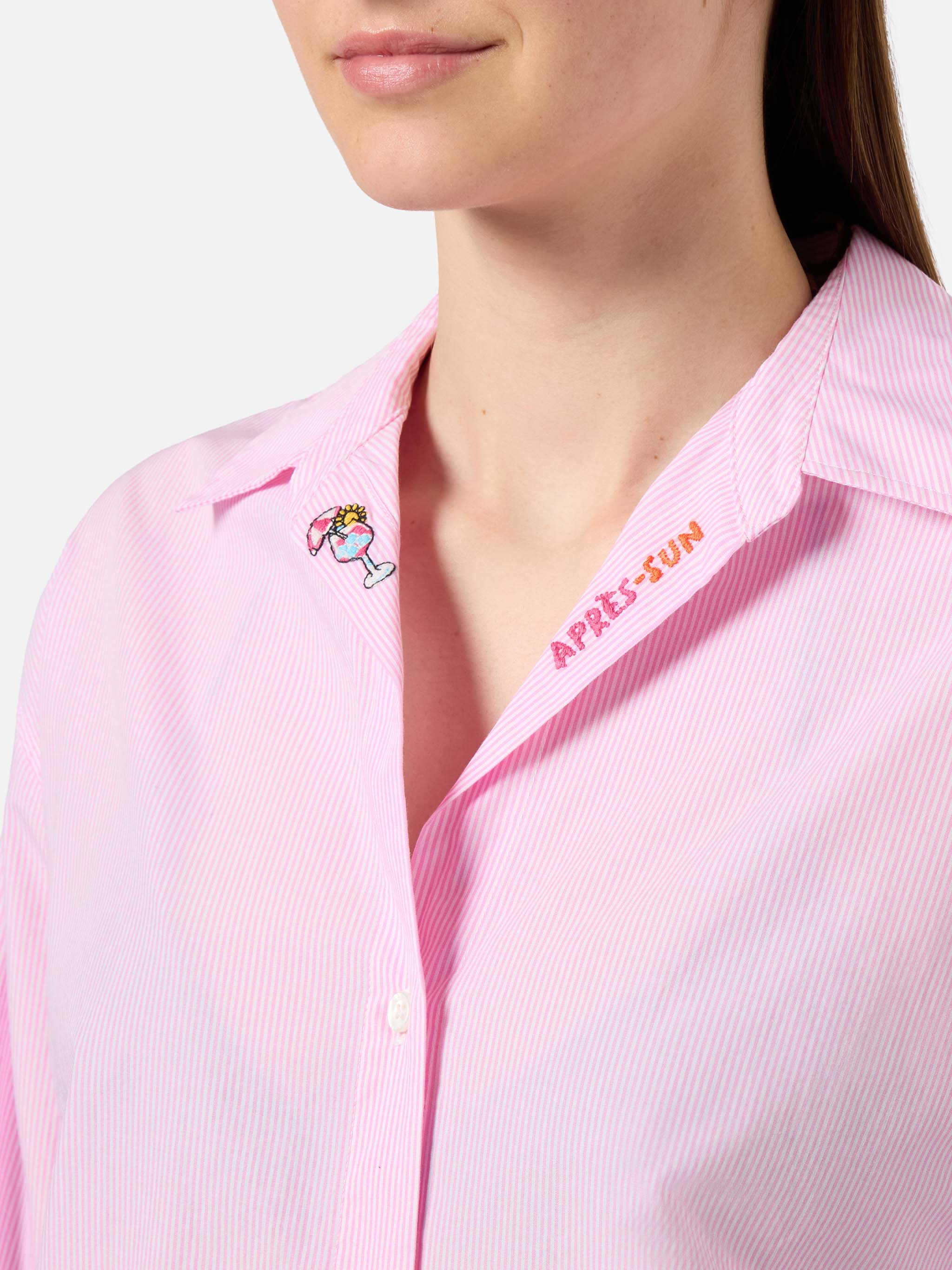 Camicia Cristal in popeline di cotone a righe rosa con ricami - Image 2