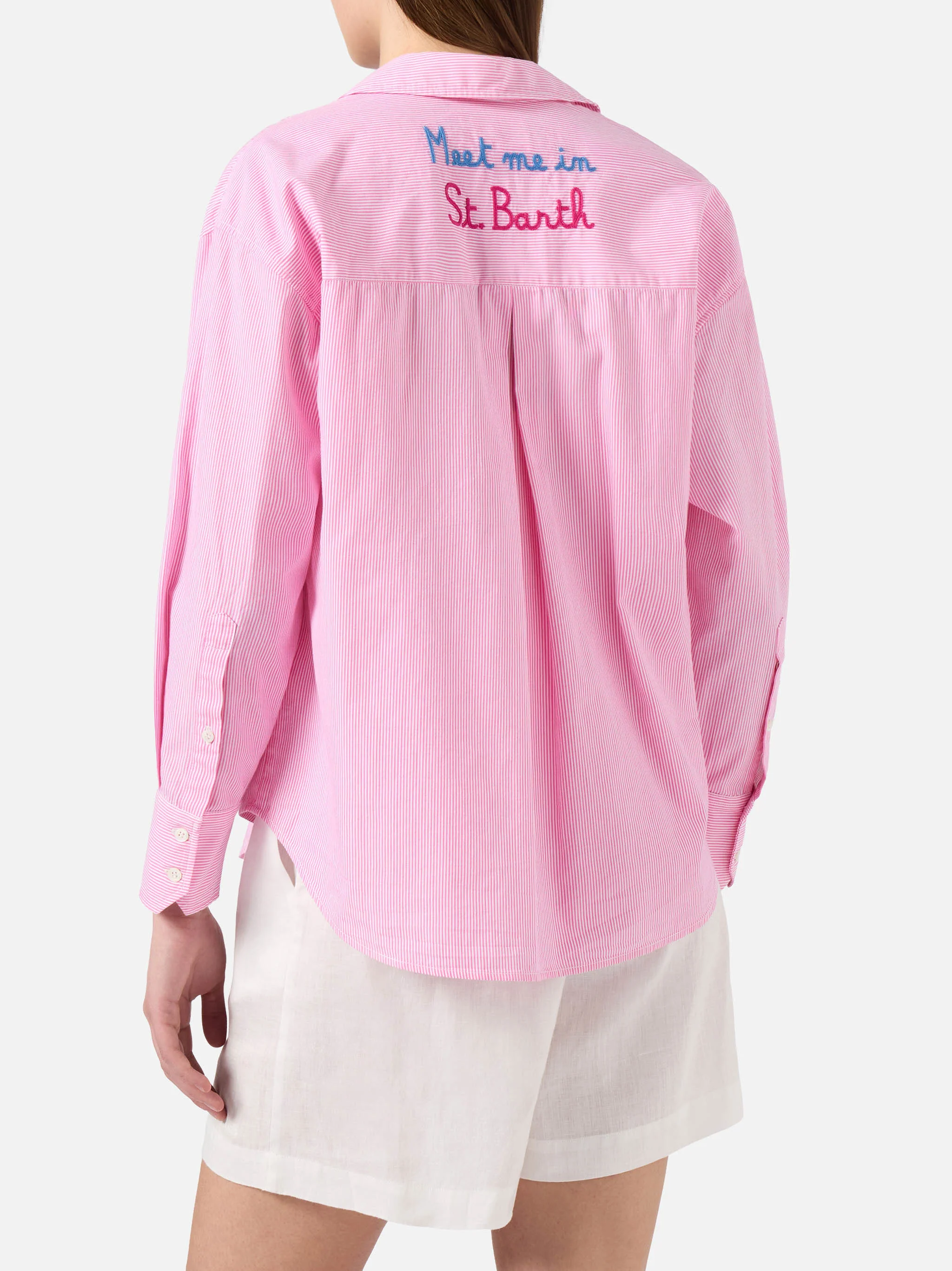 Camicia Cristal in cotone a righe rosa con ricamo Meet Me In Saint Barth - Image 3