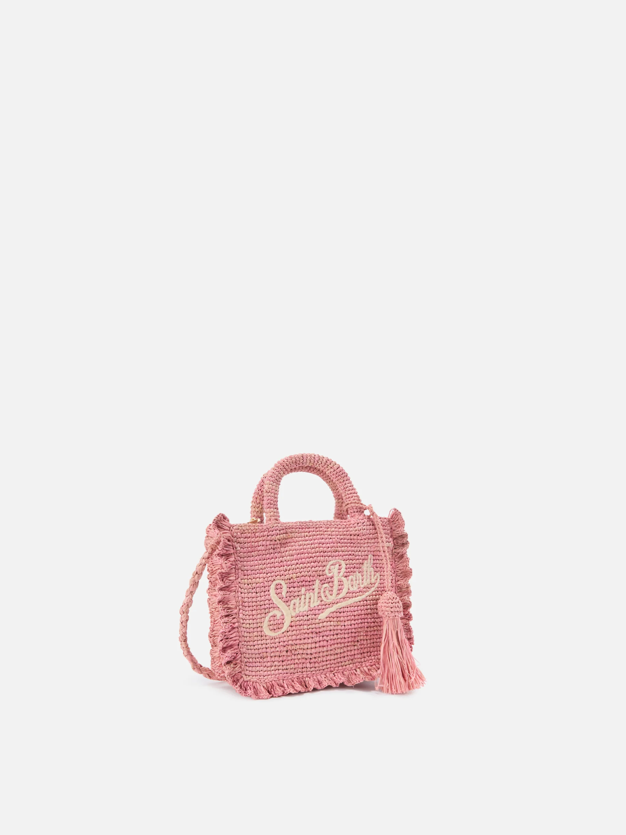 Borsa Volant Mini in raffia rosa con logo ricamato - Image 3