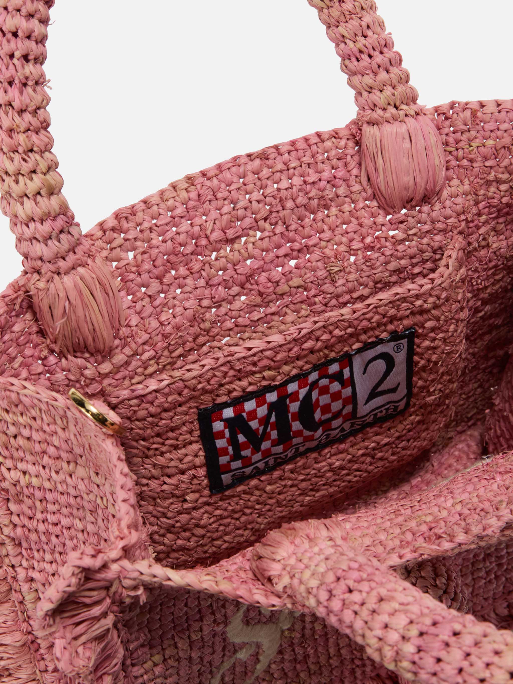 Borsa Volant Mini in raffia rosa con logo ricamato - Image 5