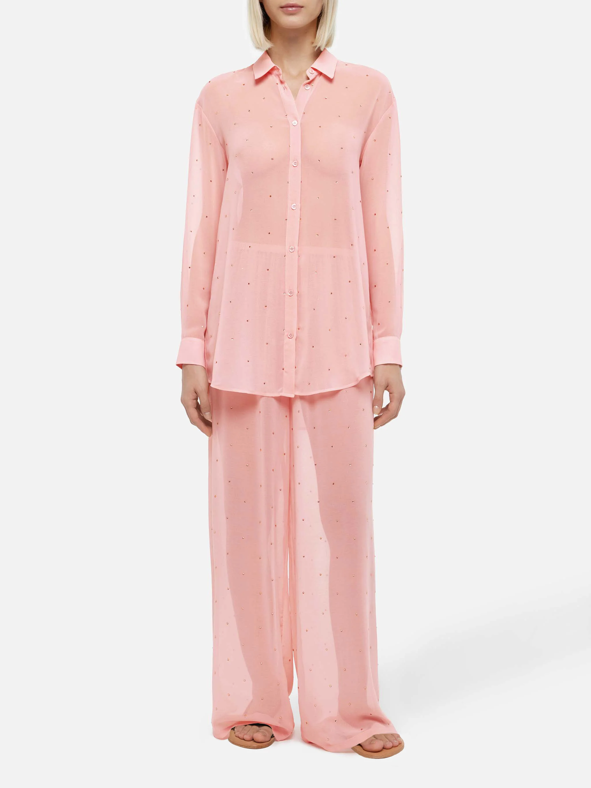 Pantaloni ampi Amalia in georgette rosa con strass - Image 2