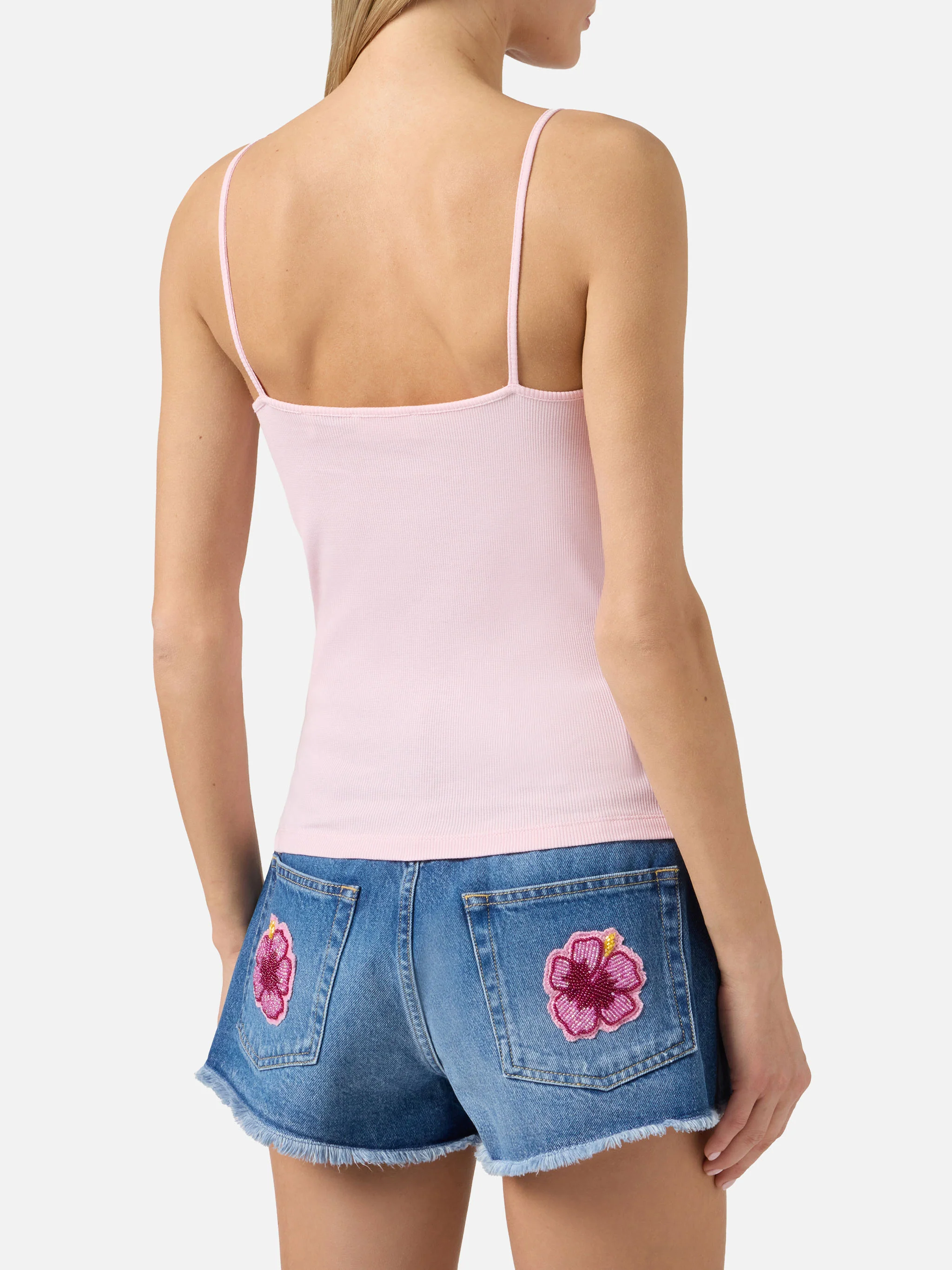 Canottiera Zaira rosa con logo ricamato e patch con perline - Image 3